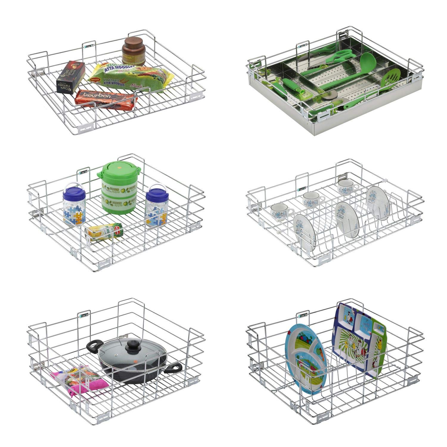 SmartSlide 6-Pack Stainless Steel Modular Kitchen Organizer - Plate Basket, Cutlery Tray, Cup Stand & Utensil Holder for Drawers & Countertops (15x20 Inch) | Perfect for Kitchen Storage, Pantry Organization & Small Space Solutions