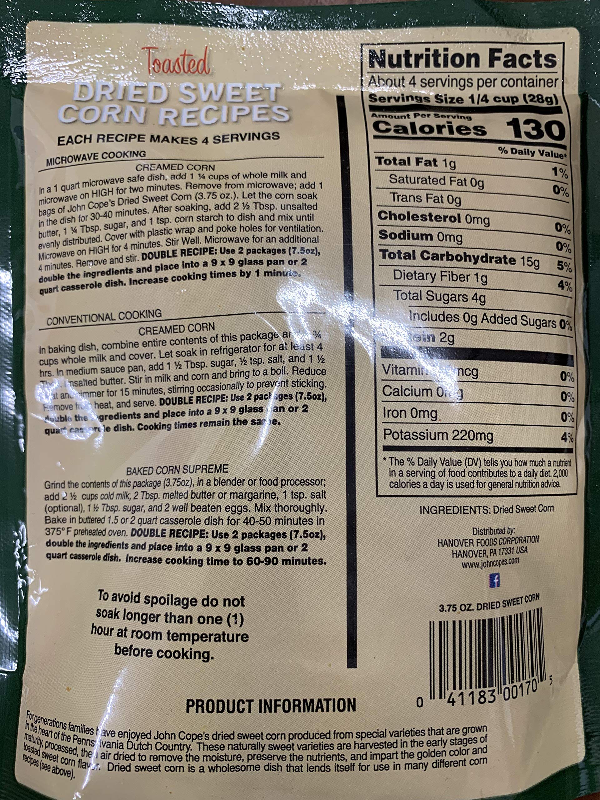 John Cope's Toasted Sweet Corn - 3.75 Oz (Pack of 4) | Dried Corn for Baking, Soups & Snacks | Gourmet Corn Recipes Included | Perfect for Camping, Parties & Holiday Cooking