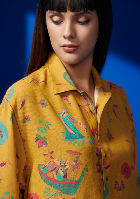 Kasturi Shirt Dress in Muga Satin Mustard Color | Elegant Women's Tunic Top | Perfect for Office Wear, Casual Outings & Special Occasions