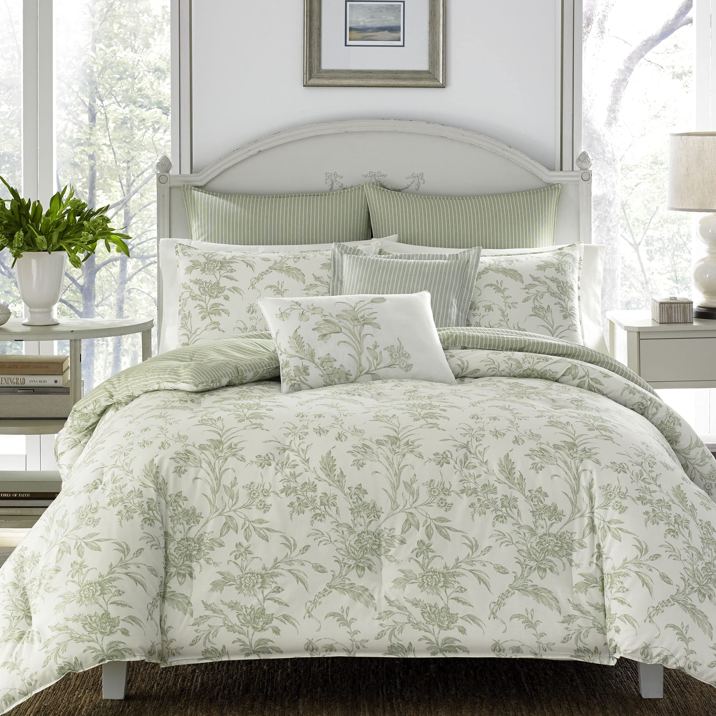 Laura Ashley Home - King Size Reversible Cotton Duvet Cover Set with Matching Shams, Euro Shams & Throw Pillows (Natalie Green) - Luxury Bedroom Decor for Master Suite & Guest Room
