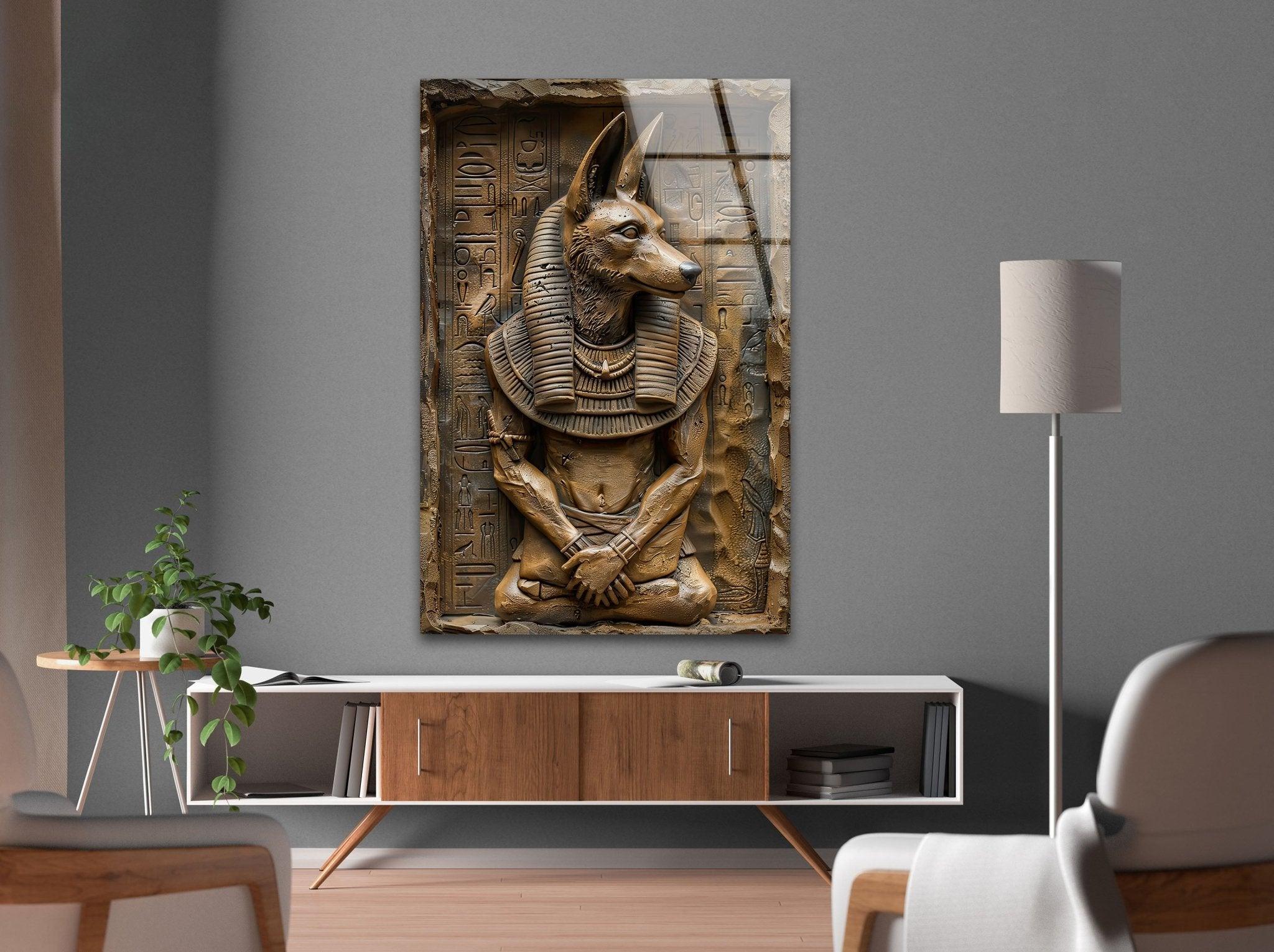 Anubis Statue Glass Wall Art - Egyptian God Home Decor for Living Room, Bedroom & Office - Handcrafted Glass Wall Sculpture for Spiritual & Gothic Decor
