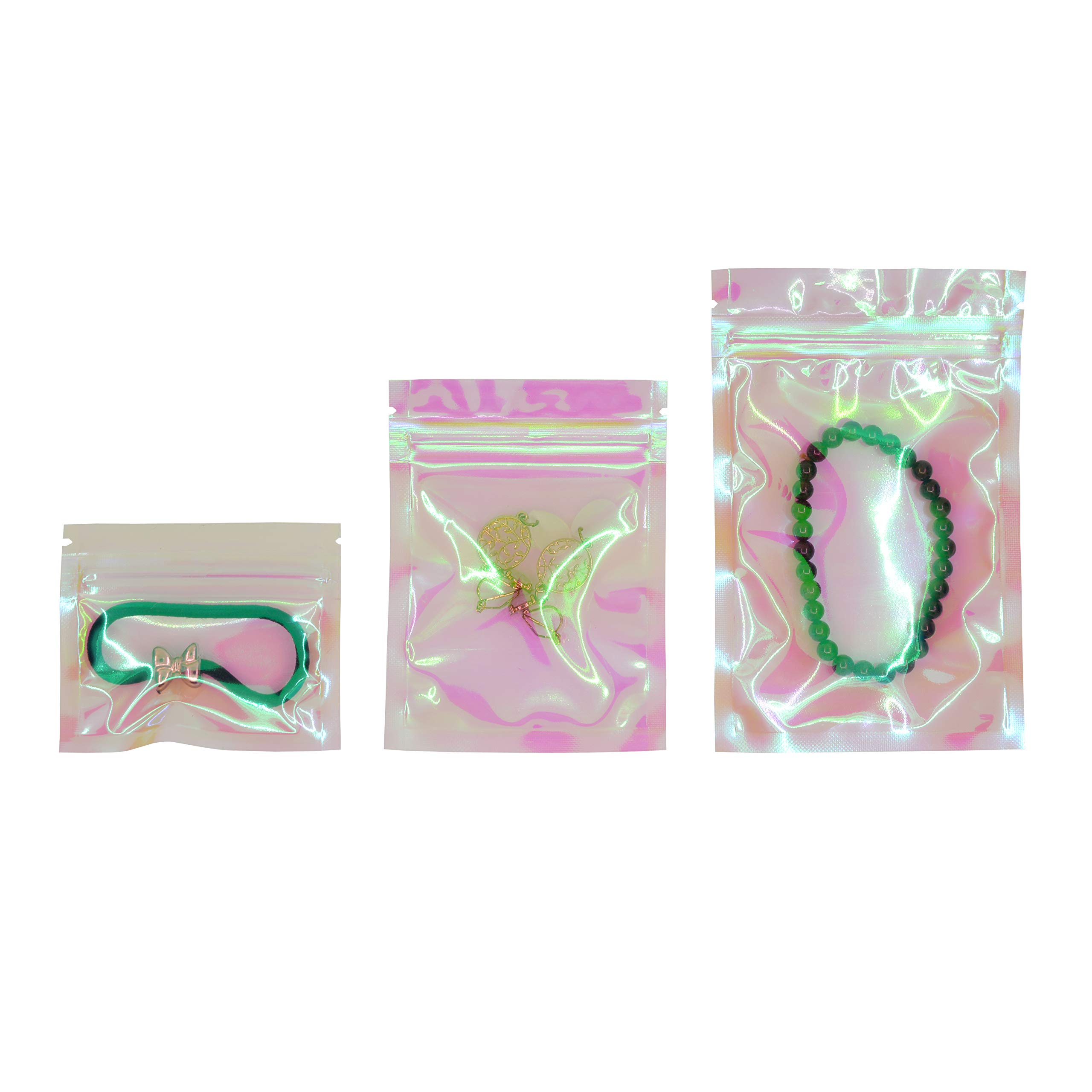 100 Pcs Iridescent Zip Lock Bags - Holographic Cosmetic Pouches, Plastic Makeup Storage Bags with Zipper for Travel, Jewelry & Organizing | Shimmering Hologram Beauty Accessories