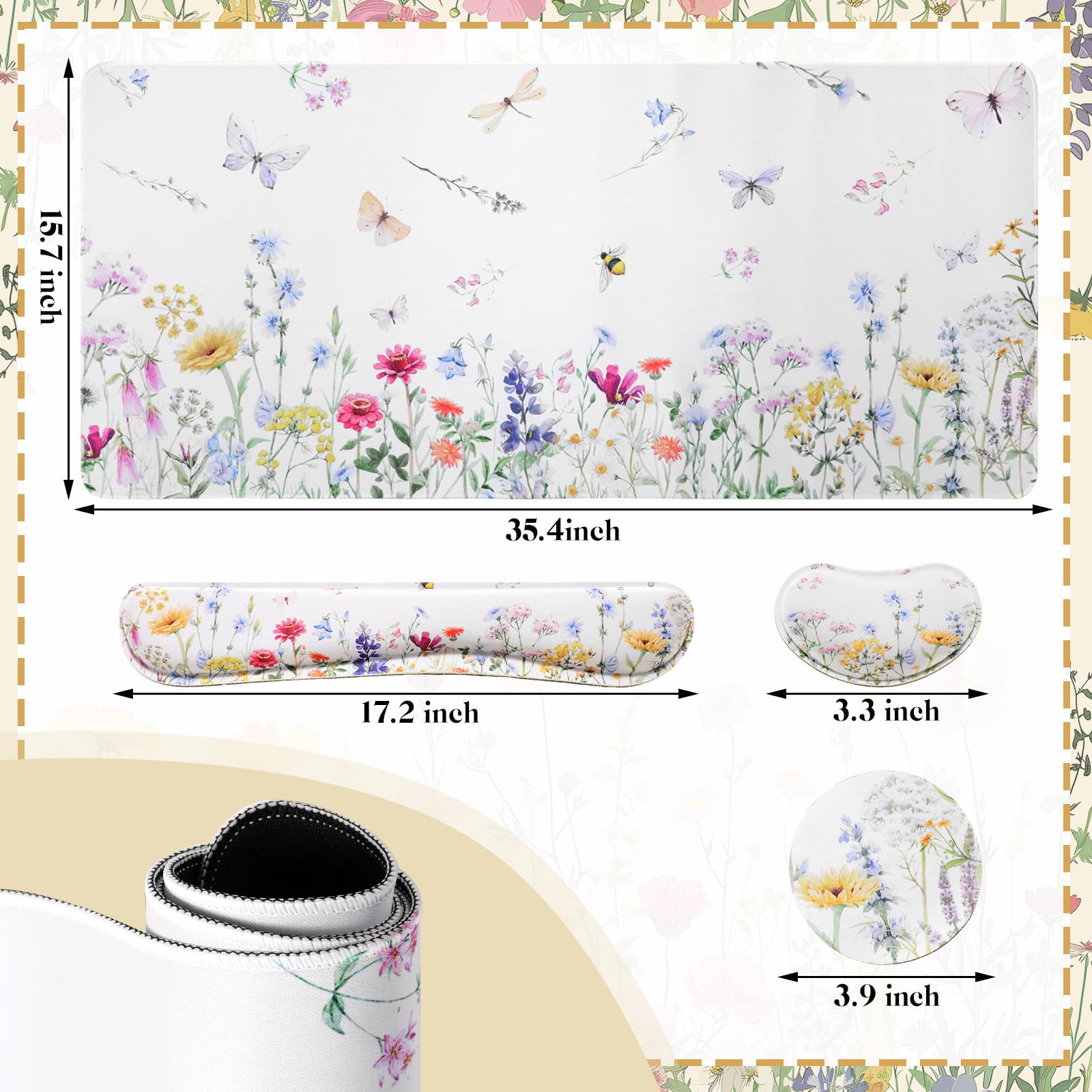 Saillong 4-Piece Floral Mouse Pad Set - Extra Large Wildflower Desk Mat, White Gaming Mouse Pad with Wrist Support for Women & Coworkers - Perfect for Office, Home & Gaming Setup