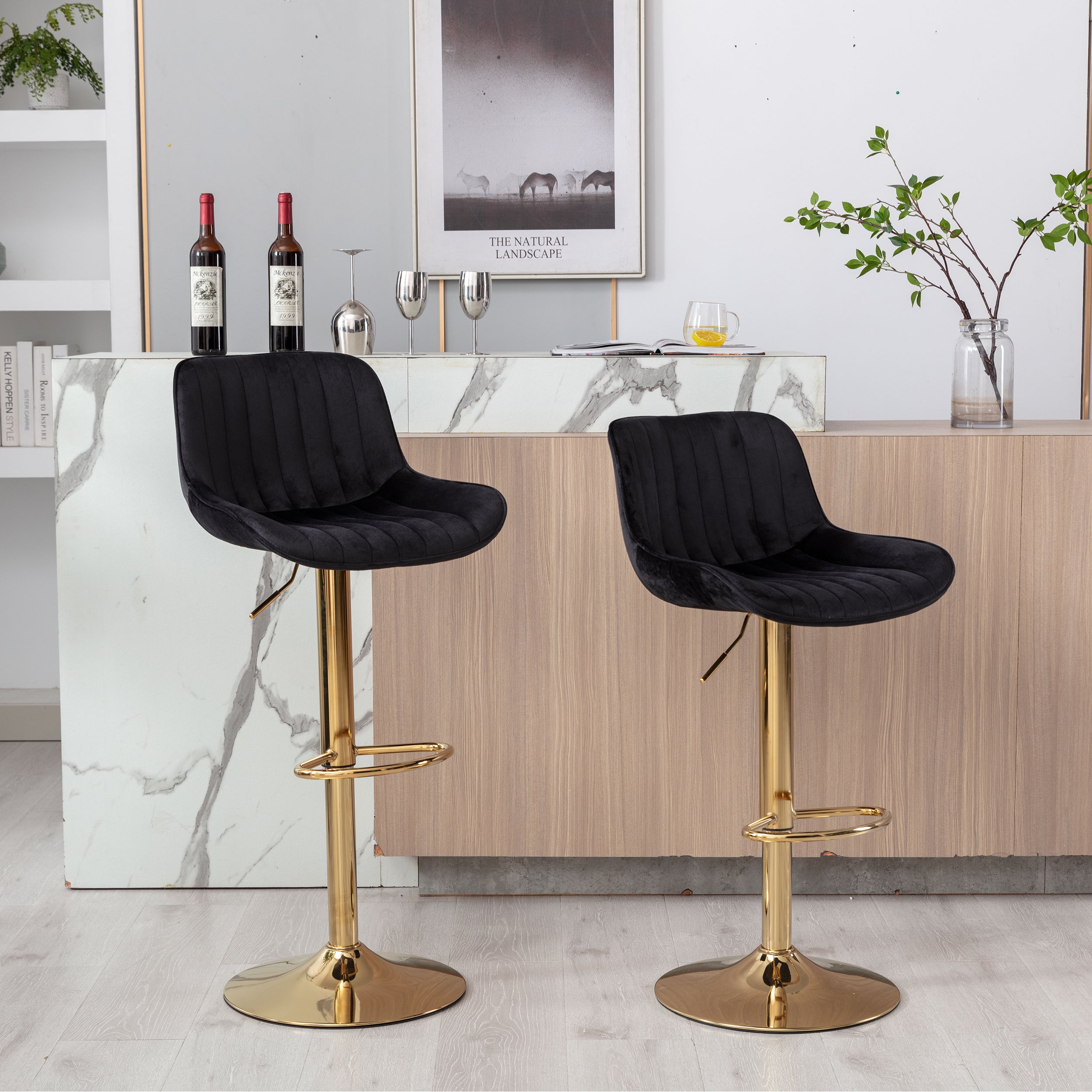 **Adjustable Chrome Footrest Swivel Bar Stool Set of 2 - Black Velvet Seat with Golden Legs for Kitchen Counter, Home Bar & Dining Room**
