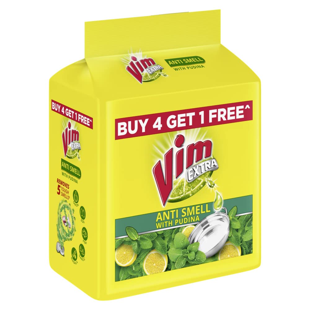 Vim Antismell with Pudina (Mint) Dishwashing Bar - Pack of 5 (Buy 4 Get 1 Free) | Vim Lemon Dishwash Bar 300g - Powerful Stain & Grease Removal | Ideal for Kitchen Cleaning, Utensil Washing & Tough Stain Removal