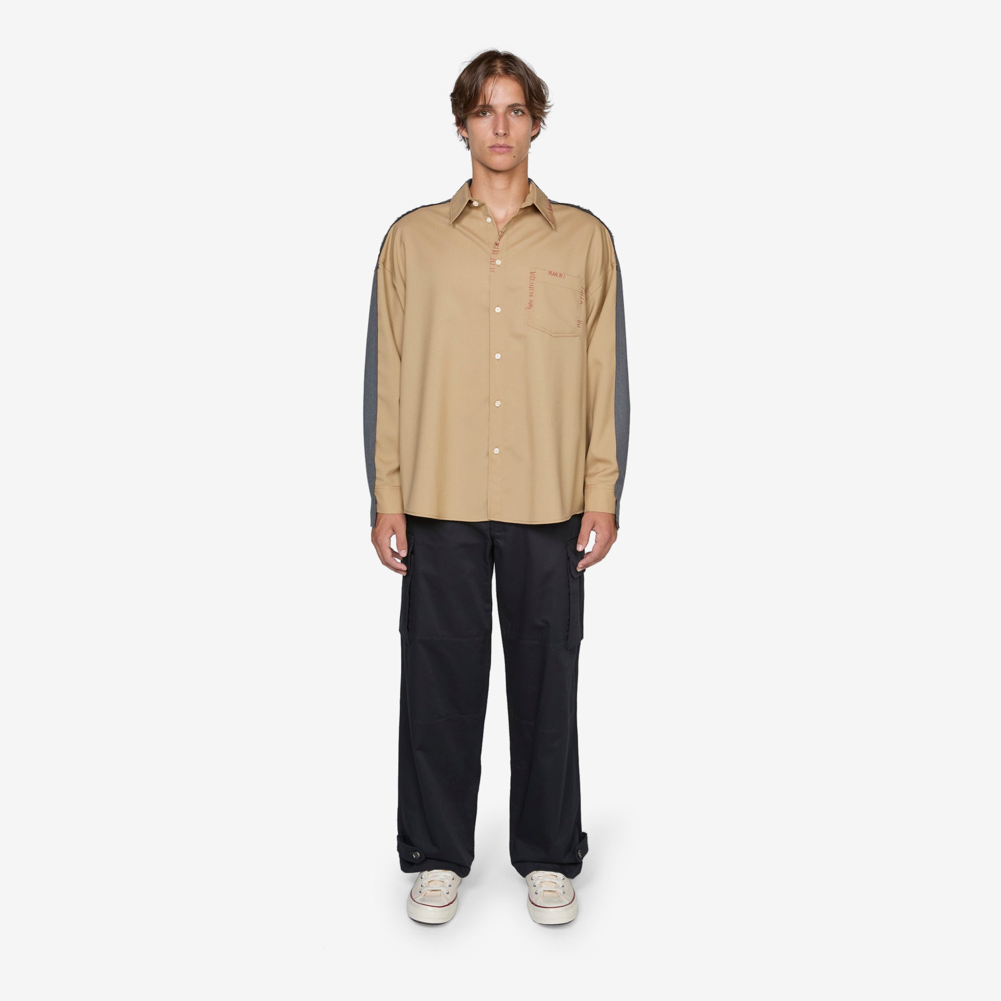 Stylish Contrast Panel Tropical Wool Shirt in Dijon Color - Perfect for Casual Outings and Business Casual Attire