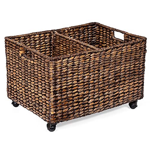 BIRDROCK HOME Handwoven Rolling Storage and Recycling Bin - Brown Wash Divided Decorative Cart for Kitchen, Paper Cans Glass Plastic Sorter - Toy and Blanket Storage Organizer - Perfect for Home, Office, and Playroom Organization