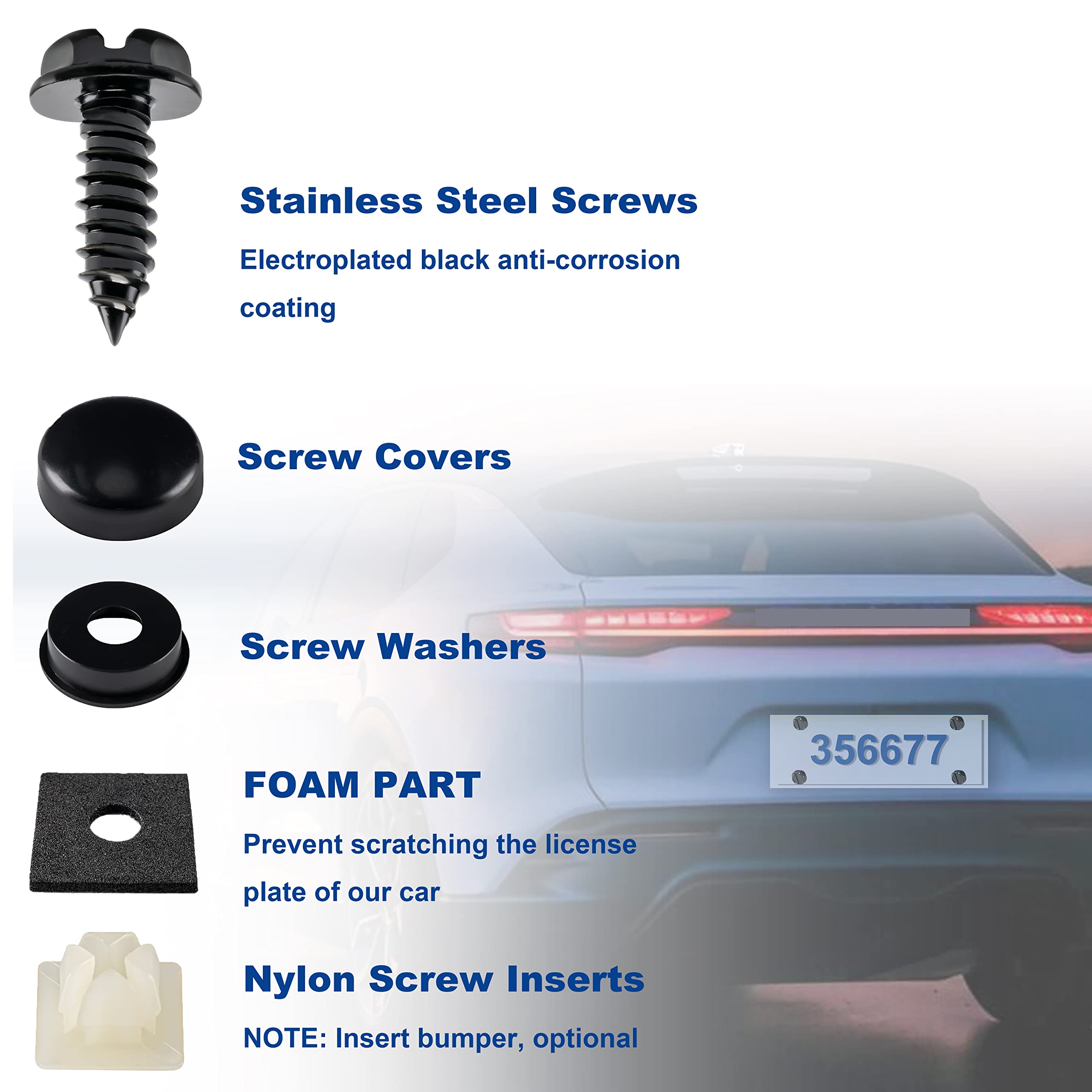 Hoewina 8 Sets Stainless Steel Anti-Theft License Plate Screws - Anti-Rattle & Rust-Proof Bolts for Securing License Plates Frames or Covers - Compatible with Cars, Trucks, SUVs (Black) - Perfect for Parking Lots, Car Shows & Vehicle Security