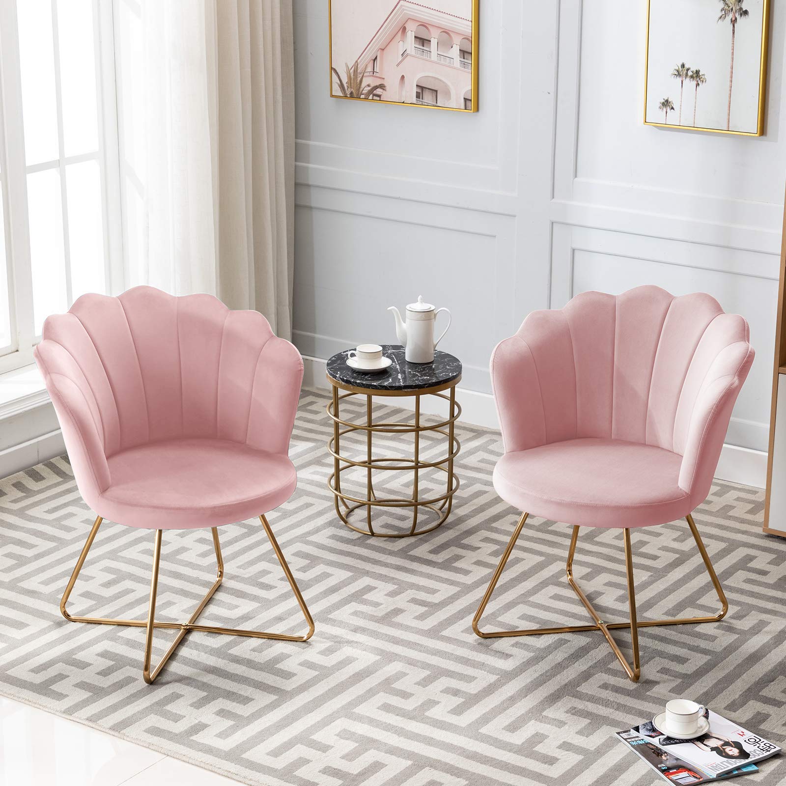 DUHOME Velvet Accent Chair - Shell Shaped Living Room Chair with Golden Metal Legs & High Back Support, Salmon Pink - Perfect for Bedroom, Lounge & Home Office Decor