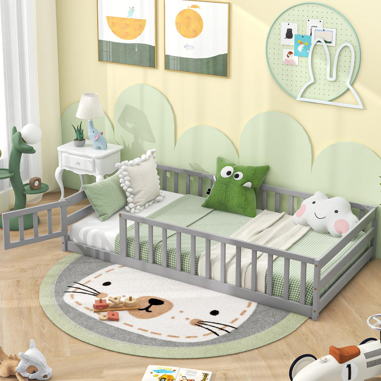 Giantex Twin Floor Bed with Door & Safety Fence - Wooden Montessori Bed for Kids, Boys & Girls - No Box Spring Needed - Sturdy Frame with Guardrails - Grey - Perfect for Montessori Rooms, Daycare & Kids' Bedrooms