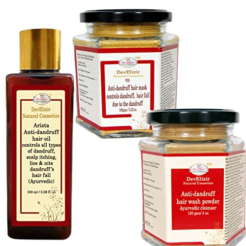 DevElixir Natural Anti-Dandruff Hair Care Combo (3-Piece Set) - 100ml Hair Oil, 100g Hair Mask, 150g Hair Wash Powder - Controls Dandruff, Itching & Hair Loss - Perfect for Dry Scalp & Damaged Hair Treatment at Home