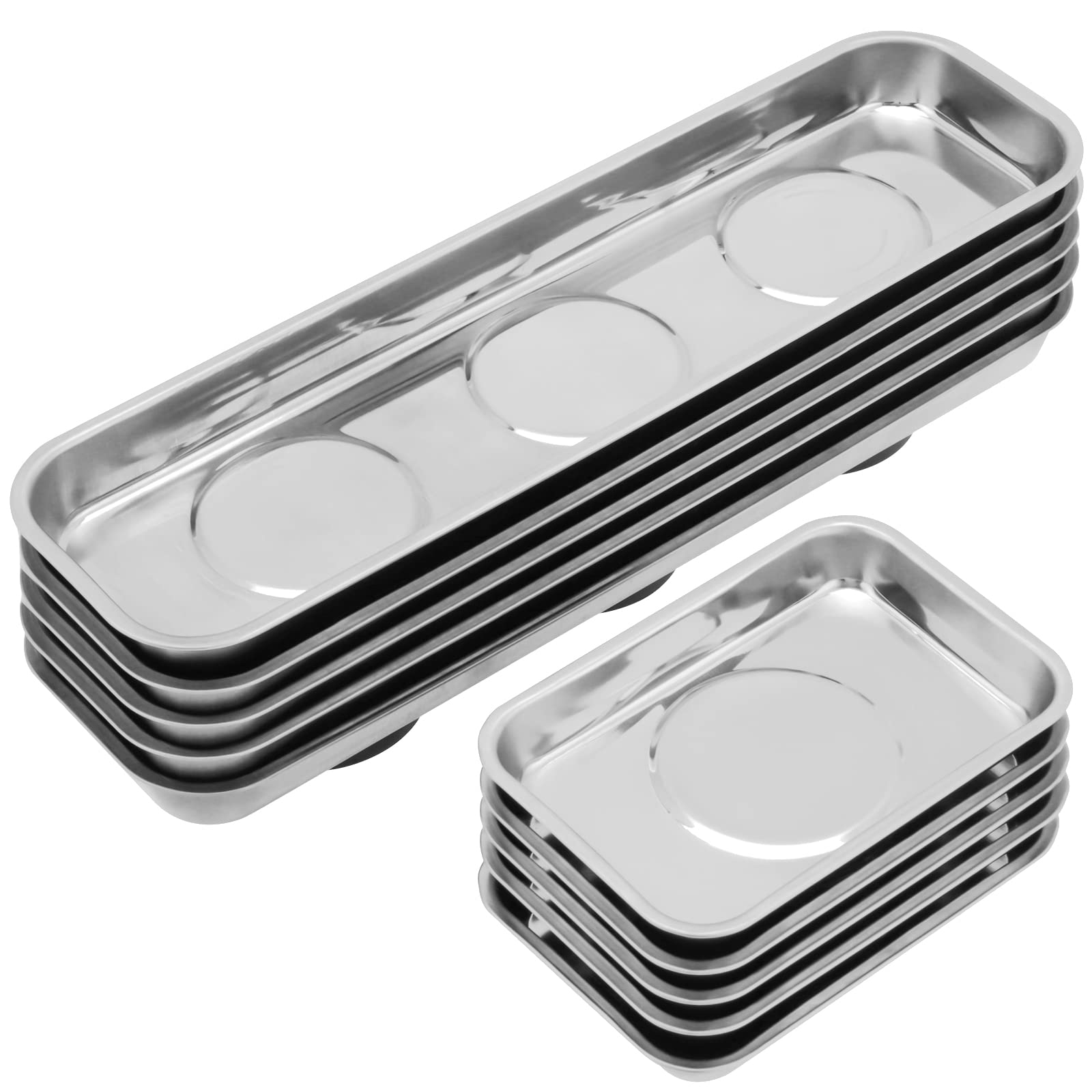 KEILEOHO 10-Piece Stainless Steel Magnetic Parts Tray Set - 2 Sizes (Silver) for Organizing Screws, Bolts & Sockets | Heavy-Duty Magnetic Bolt Holder Trays for Workshop, Garage & DIY Projects