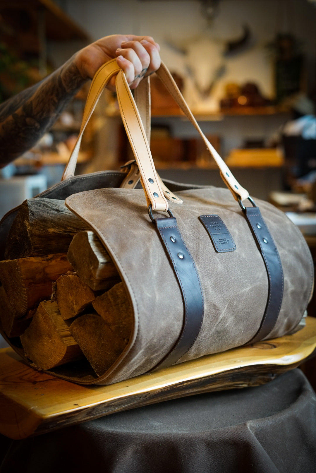 Premium Waxed Canvas Log Carrier with Leather Handles - Heavy Duty Firewood Holder for Camping, Fireplace & Outdoor Adventures