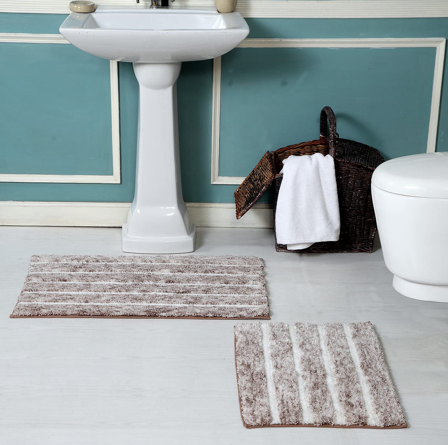 PREMIUS Striped 2-Piece Non-Slip Bathroom Rug Set - Taupe, 17x24 & 20x32 Inches - Soft Absorbent Microfiber for Bath, Shower & Vanity Area