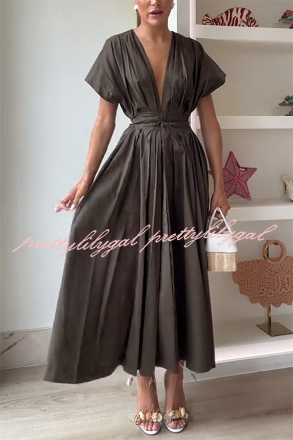 Elegant Pleated Drop Sleeve Midi Dress with Lace-up Detail & Pockets | Casual Summer Dress for Women | Perfect for Beach Vacations, Date Nights & Office Wear