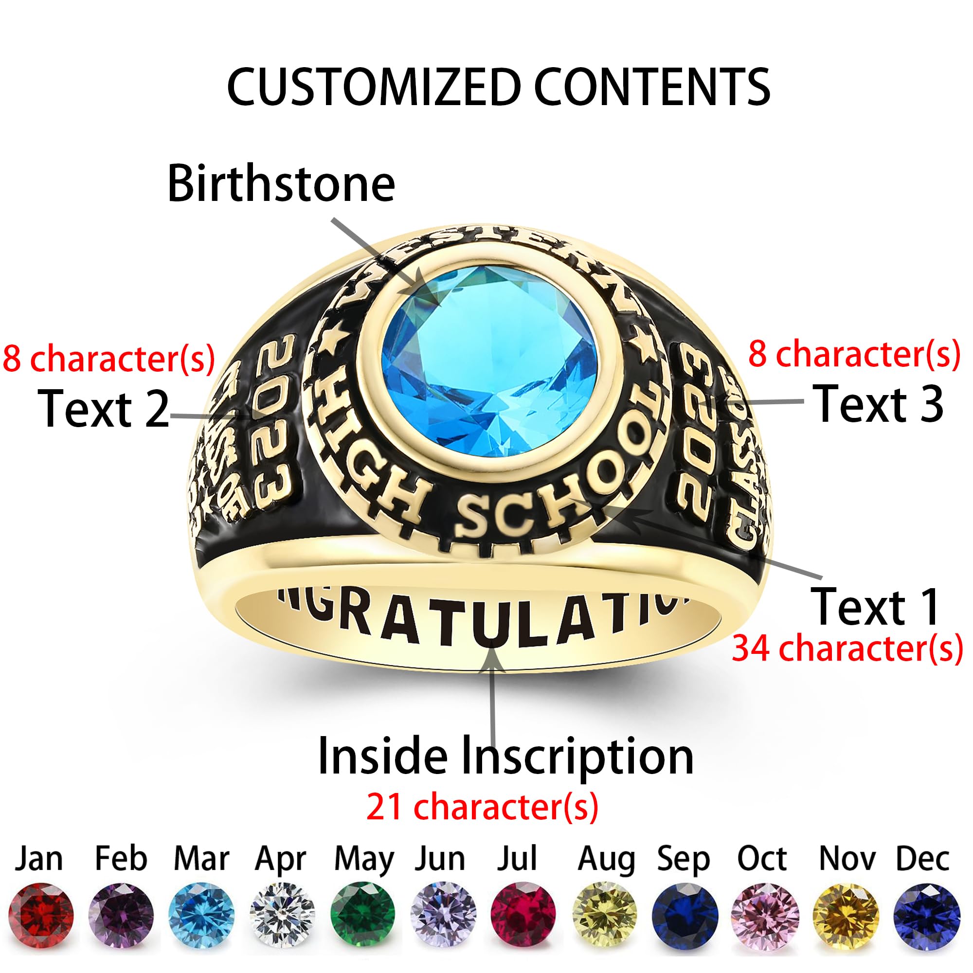 Custom Personalized Class Rings for Men & Women - Gold Plated & Sterling Silver High School & College Rings (Size 5-15) - Perfect for Graduation Gifts, Alumni Pride & Special Occasions