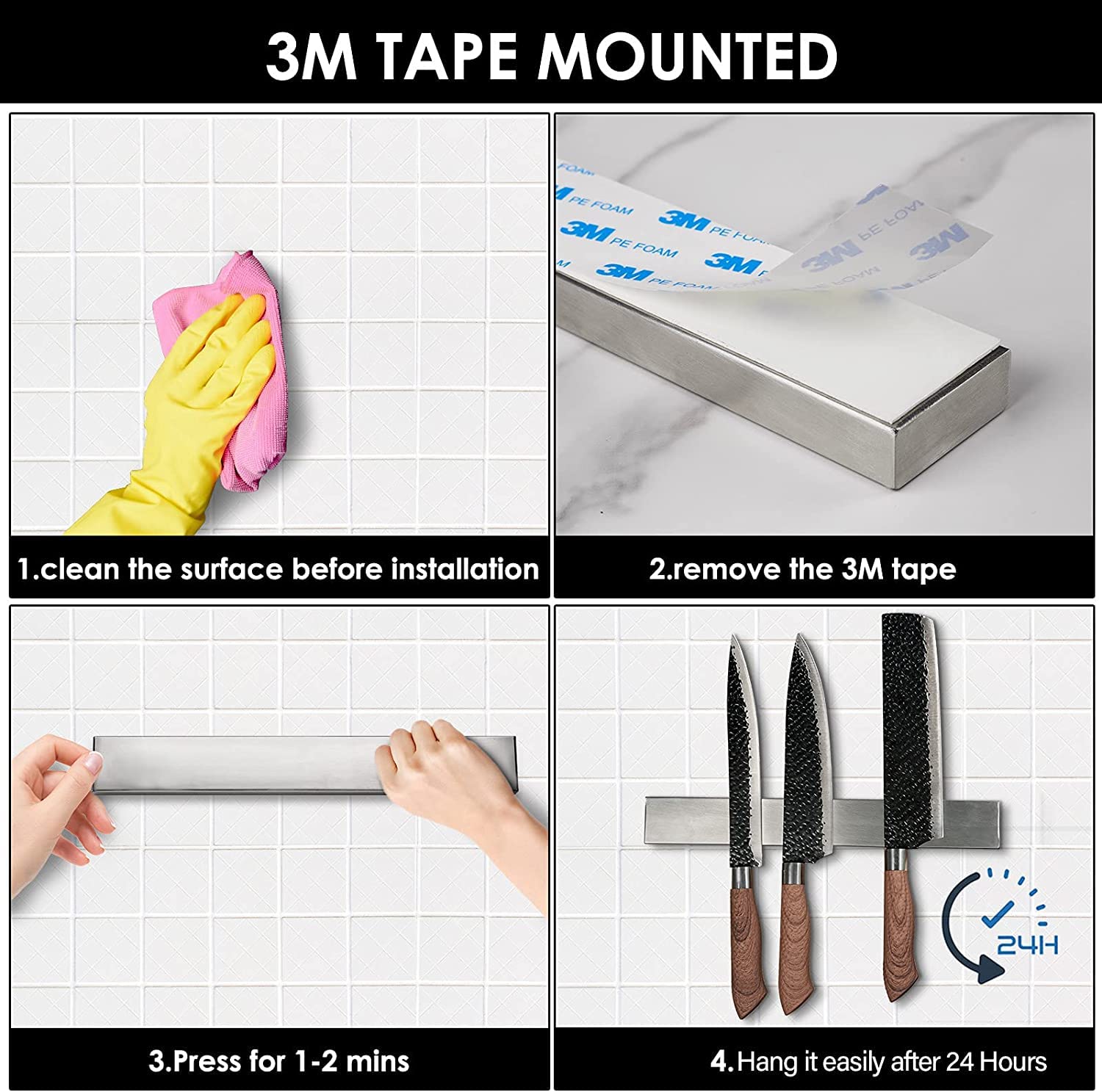 **8 Inch No-Drill Magnetic Knife Holder Wall Mount - Premium Stainless Steel Knife Strip with 3M Adhesive, Strong Magnet Bar Rack for Kitchen Knives, Scissors & Tools - Perfect for Small Kitchens & Countertop Organization**