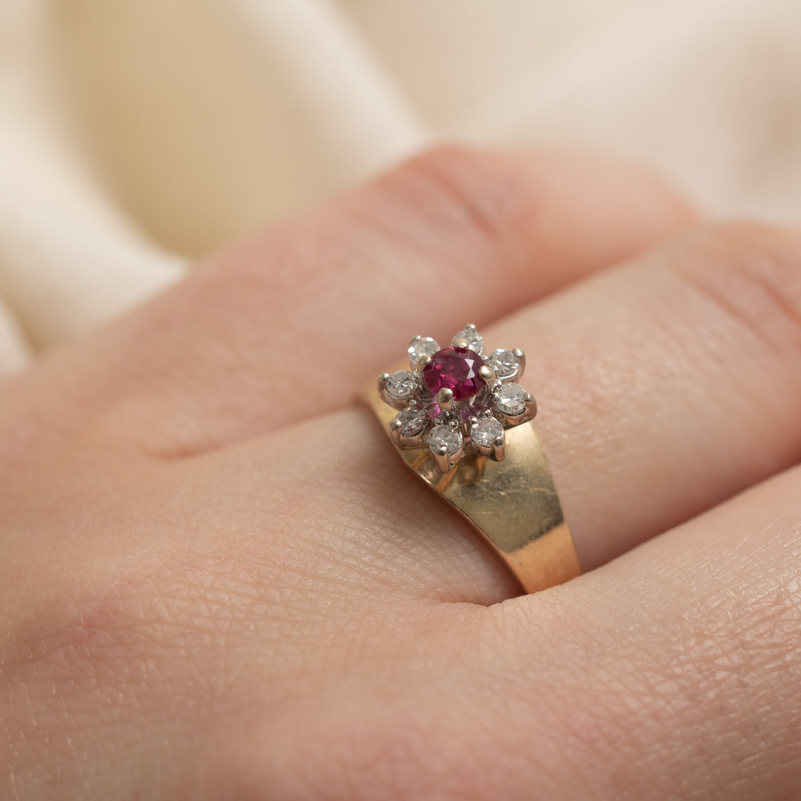 Exquisite Ruby & Diamond Petal Tapered Ring - 0.20ct Ruby & 0.16ctw Diamonds - Size 7.75 - Elegant Wedding, Anniversary & Special Occasion Jewelry Gift for Women