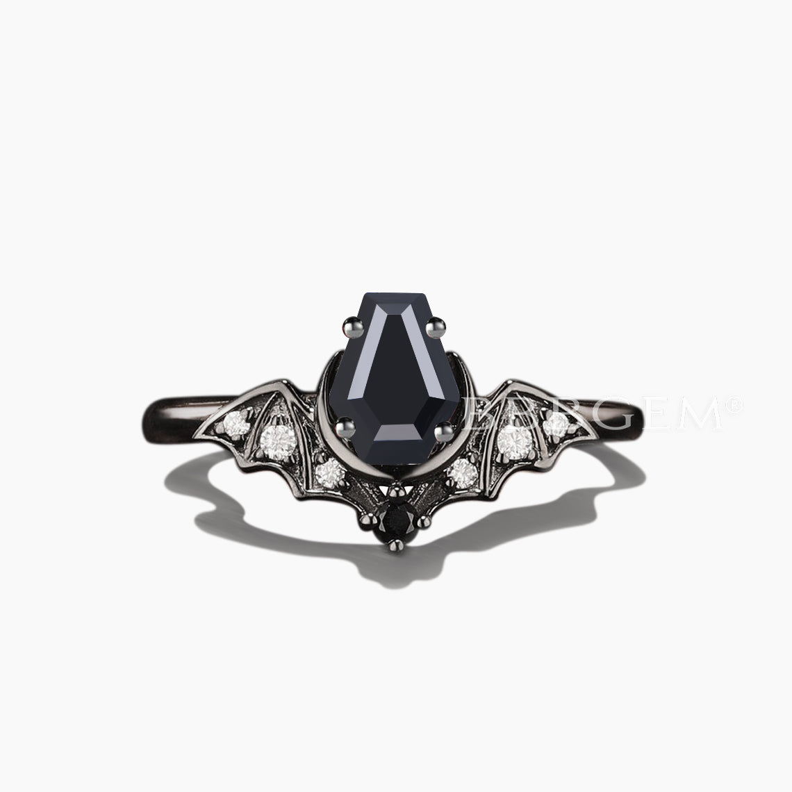 Gothic Black Bat Engagement Ring with Natural Black Onyx & Diamonds - Unique Dark Jewelry for Goth Weddings, Halloween, and Alternative Fashion