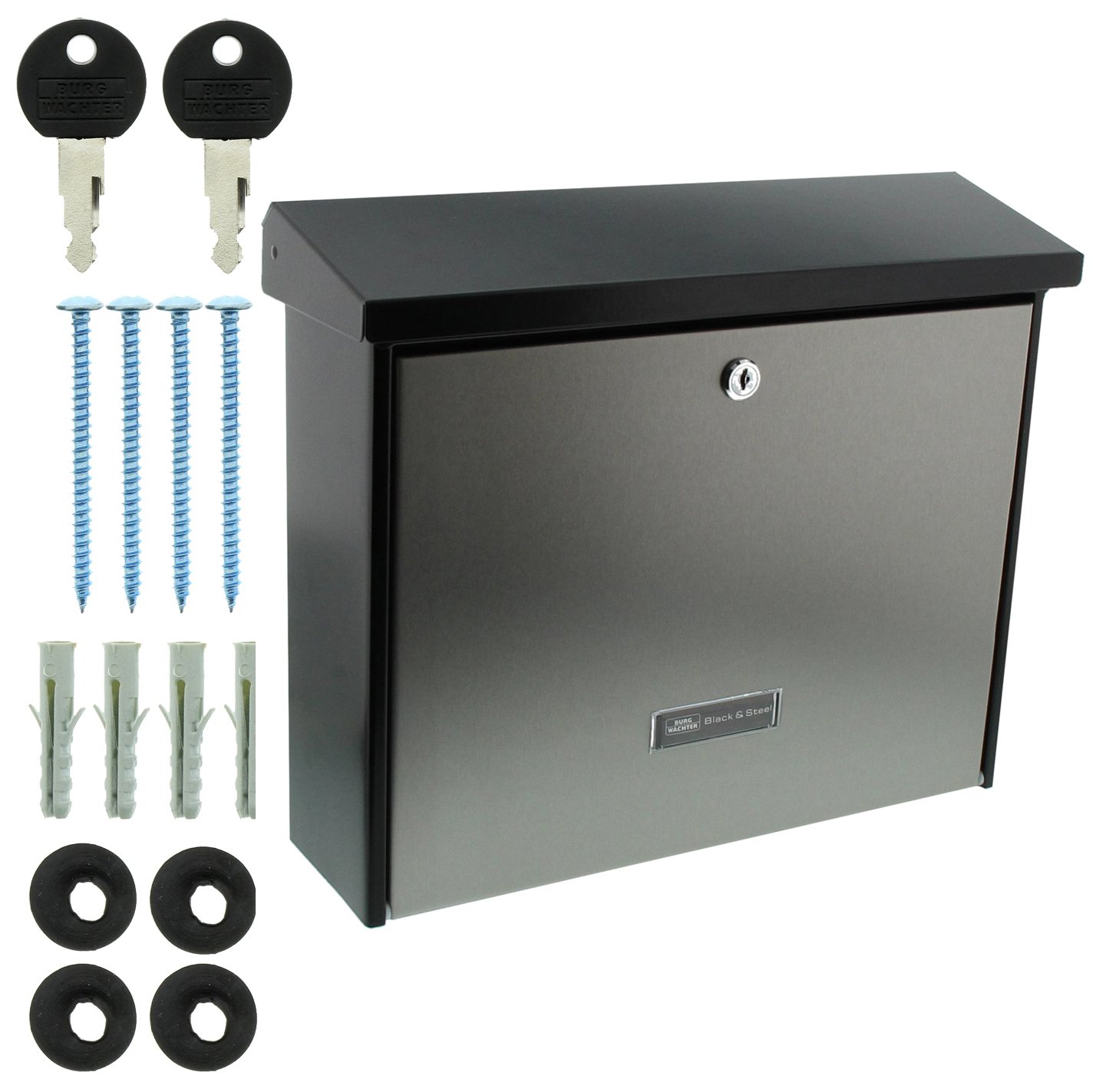 Burg-Wächter London 6867 Black Steel Mailbox - Secure & Durable Outdoor Post Box for Home, Office, or Garden - Perfect for Mail & Package Delivery
