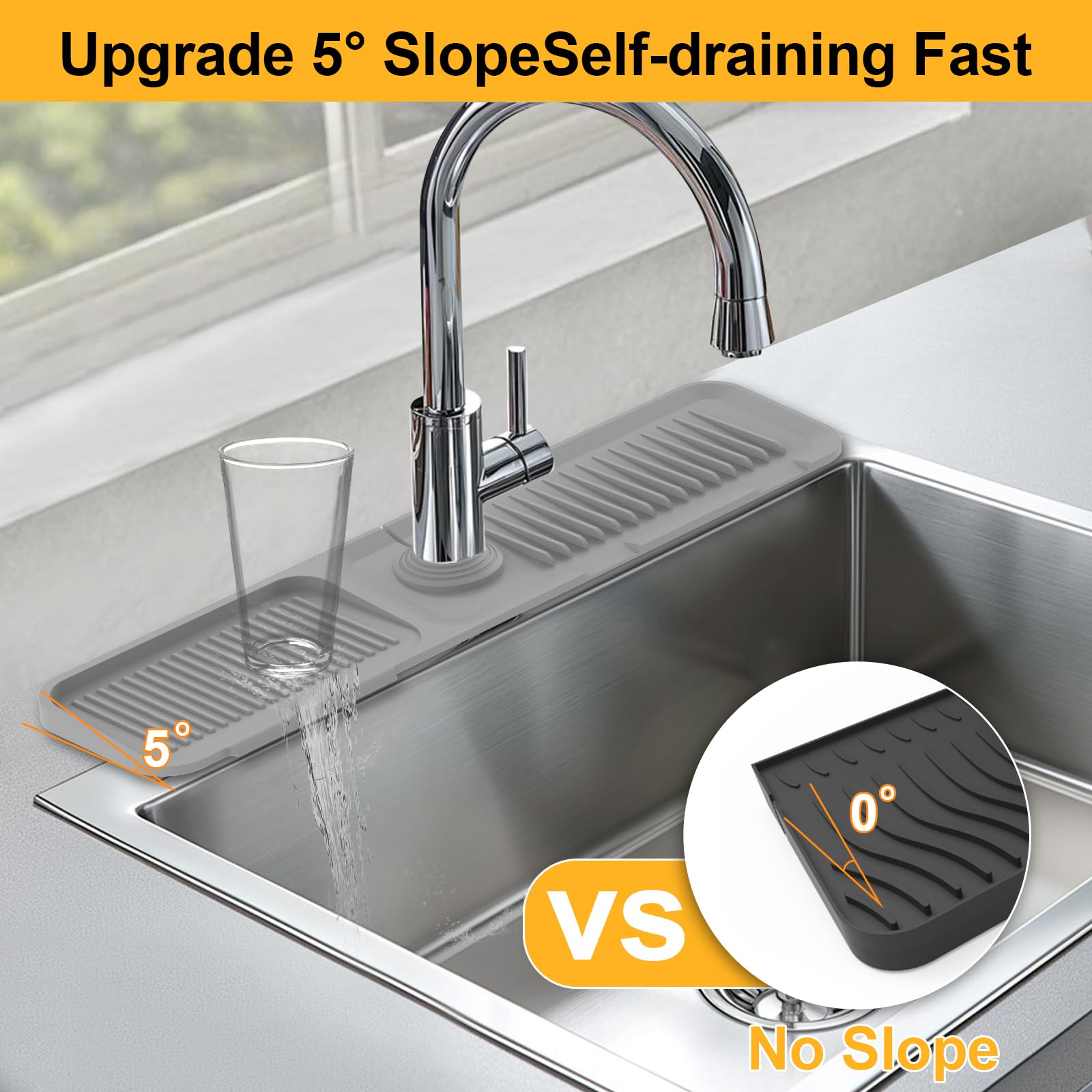 24 Inch Silicone Faucet Mat for Kitchen Sink - 5°Slope Fast Draining Splash Guard Behind Faucet, Non-Slip Sink Protector Mat for Kitchen & Bathroom (Gray) - Perfect for Countertop Protection & Water Splash Prevention