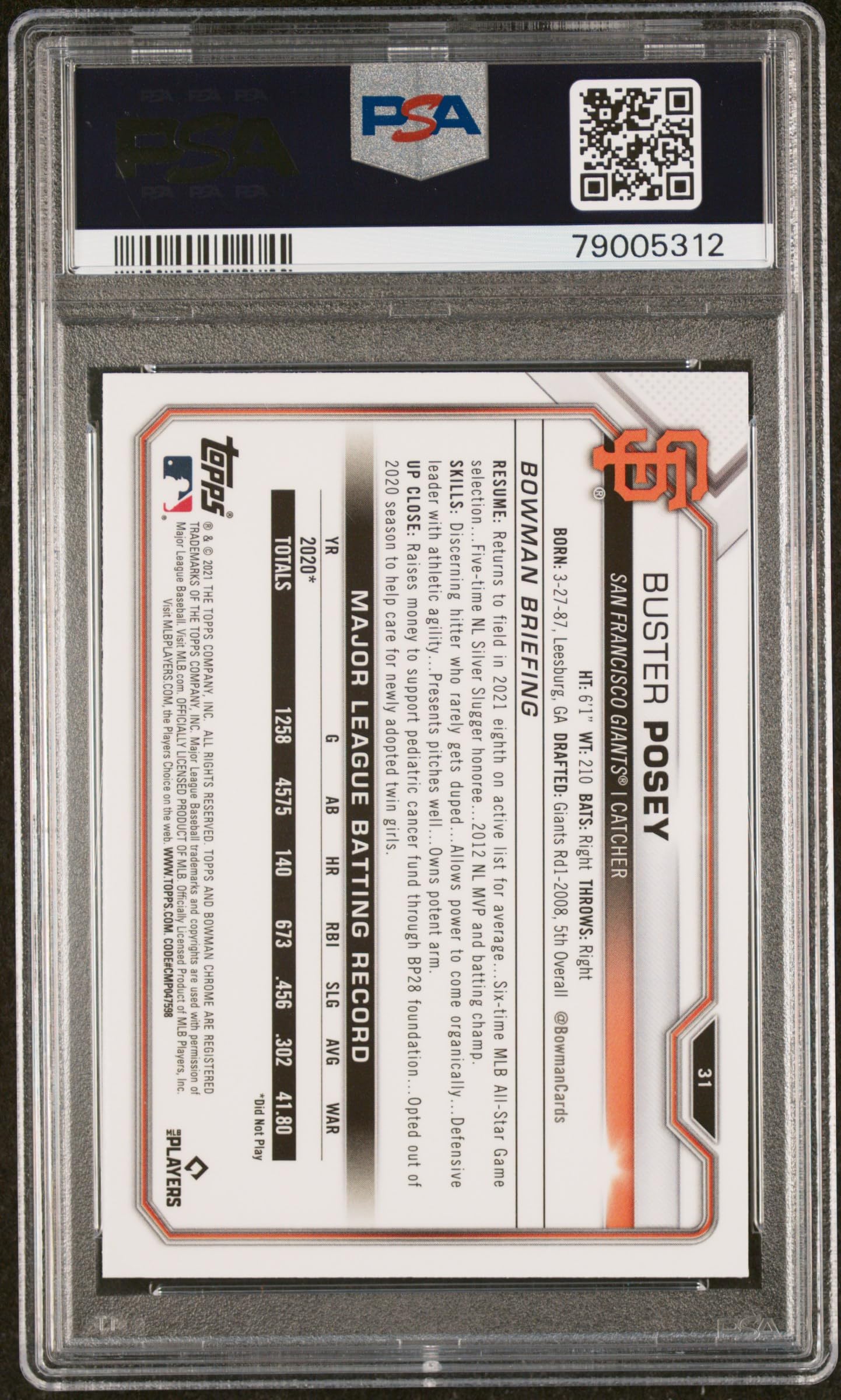 Buster Posey 2021 Bowman Chrome Baseball Card #31 PSA 10 Gem Mint - Rare Collectible for Baseball Fans & Card Investors (Perfect for Display, Trading, and Investment)