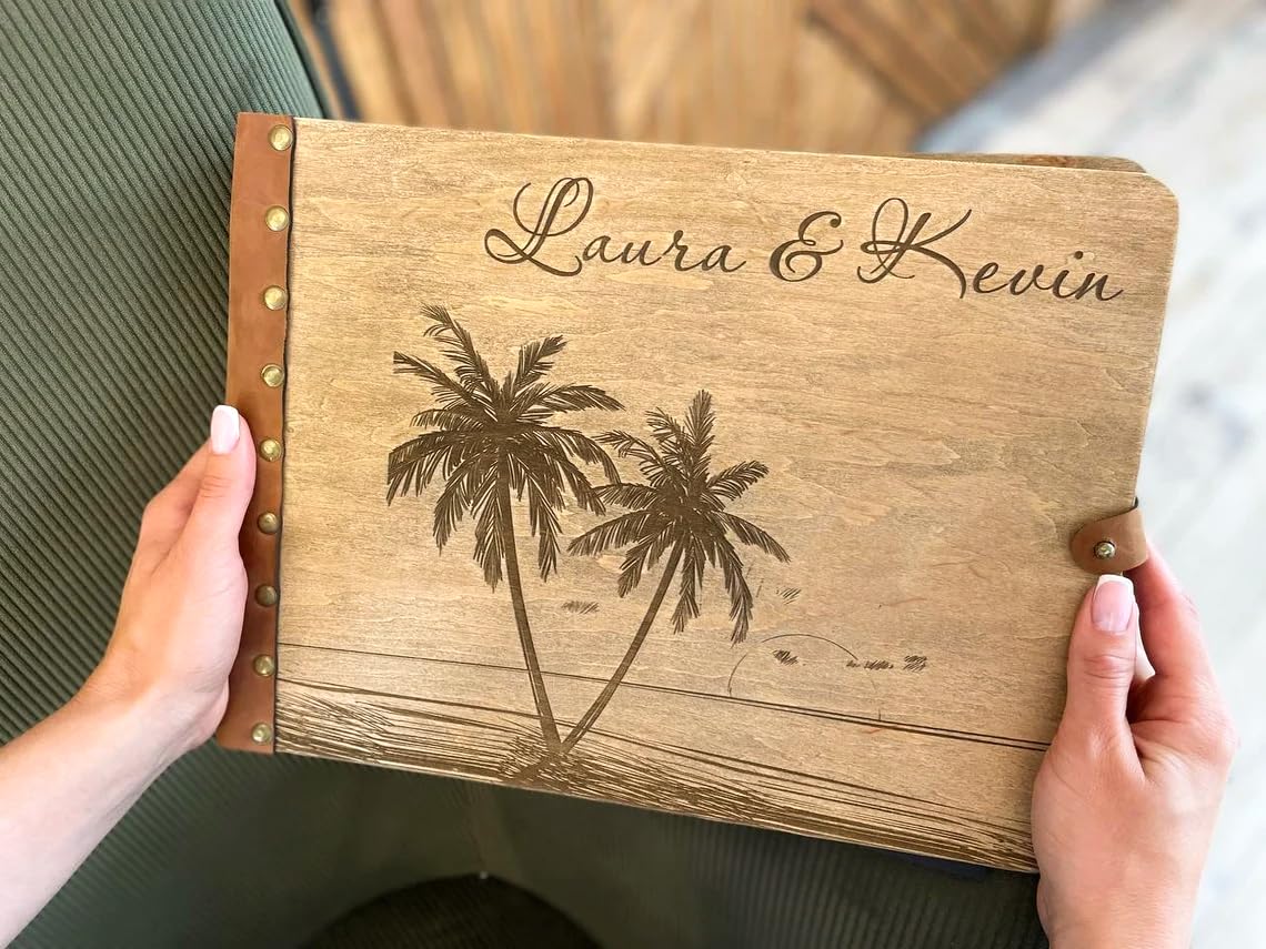 Tropical Beach Wedding Guest Book - Rustic Wood Guest Book for Florida, Nautical & Palm Tree Themed Weddings (Large) - Perfect for Beach, Destination & Outdoor Weddings