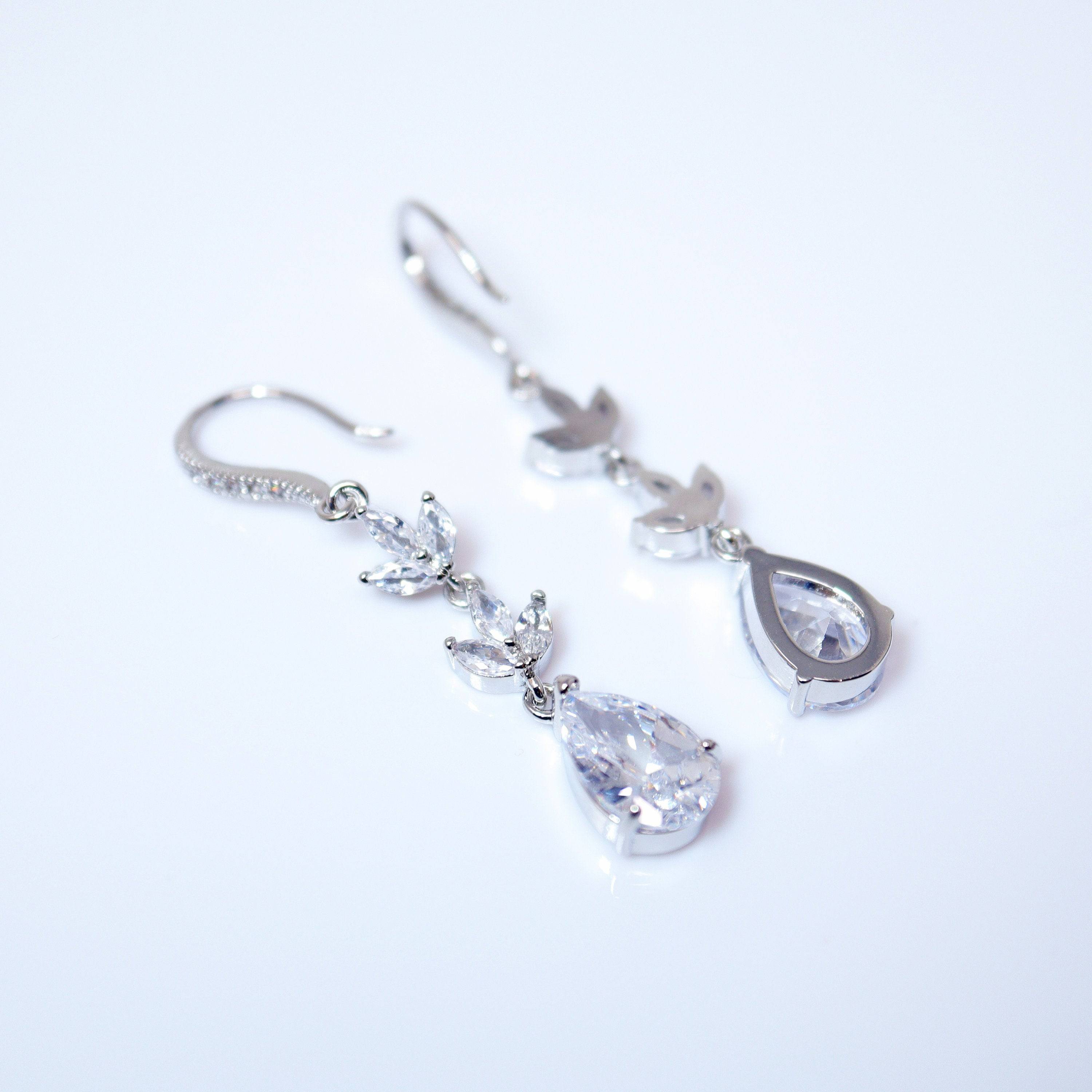 Elegant Cubic Zirconia Drop Earrings with Diamond Leaves - Long Crystal Bridal Jewelry for Weddings, Prom & Special Occasions