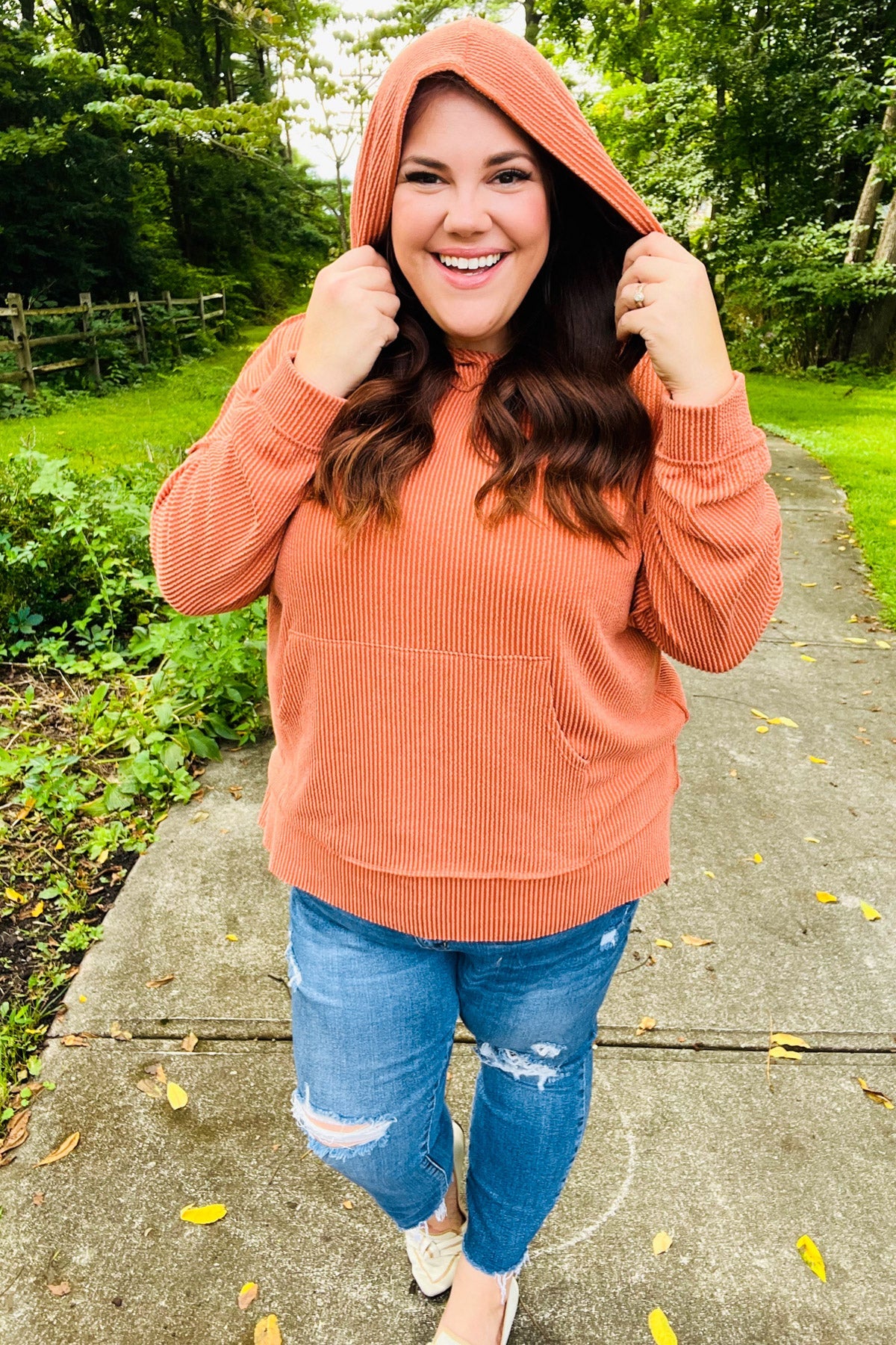 Cozy Days Rust Mineral Wash Rib Knit Hoodie - Soft Vintage Pullover for Women & Men | Perfect for Fall Layering, Casual Outfits & Loungewear