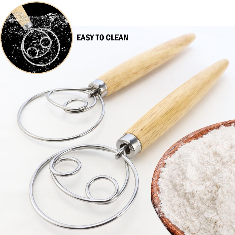 2-Pack Rustproof Stainless Steel Danish Dough Whisk - 13 Inch Wooden Handle Bread Mixer for Sourdough, Pizza Dough, Pastry & Baking - Perfect for Home Bakers & Professional Kitchens