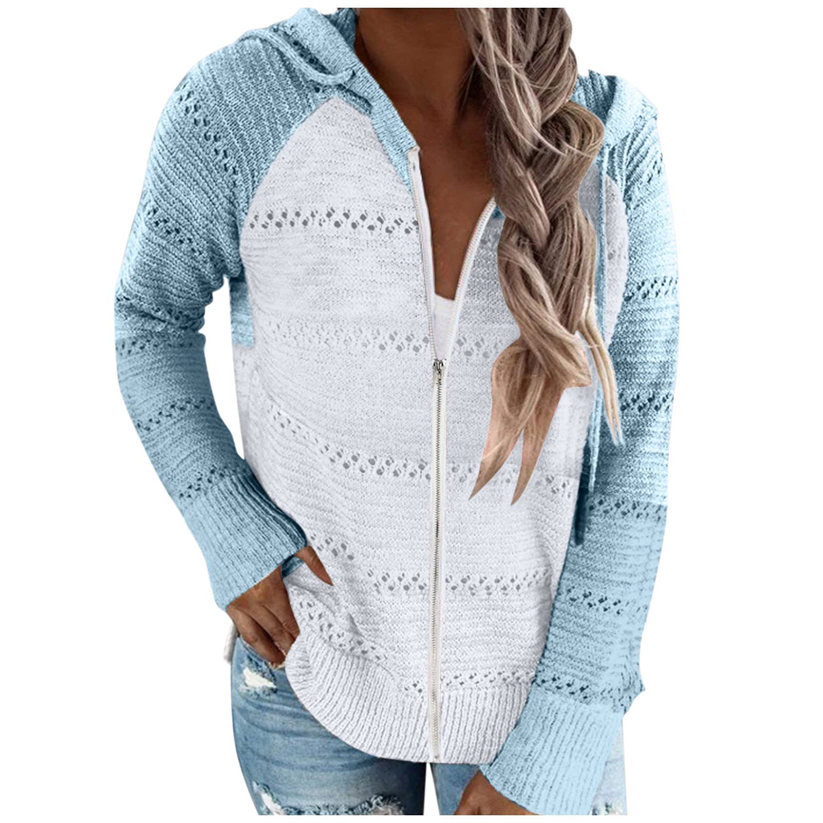Women's Hooded Knit Cardigan - Classic Patchwork Long Sleeve Open Front Sweater | Cozy Fall & Winter Layering for Casual Outfits, Office Wear & Coffee Dates