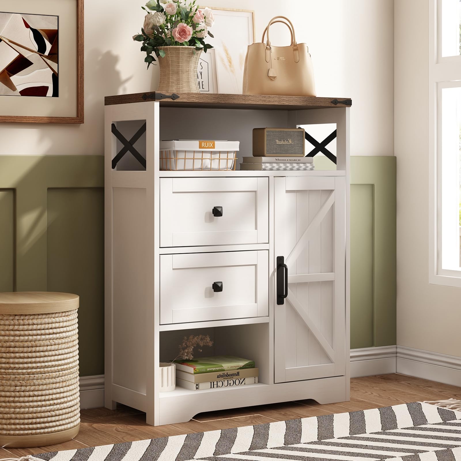 White Farmhouse Storage Cabinet with 2 Drawers & Open Shelves - Freestanding Organizer for Living Room, Bathroom, Kitchen & Laundry - Perfect for Home Decor, Storage Solutions & Small Space Organization