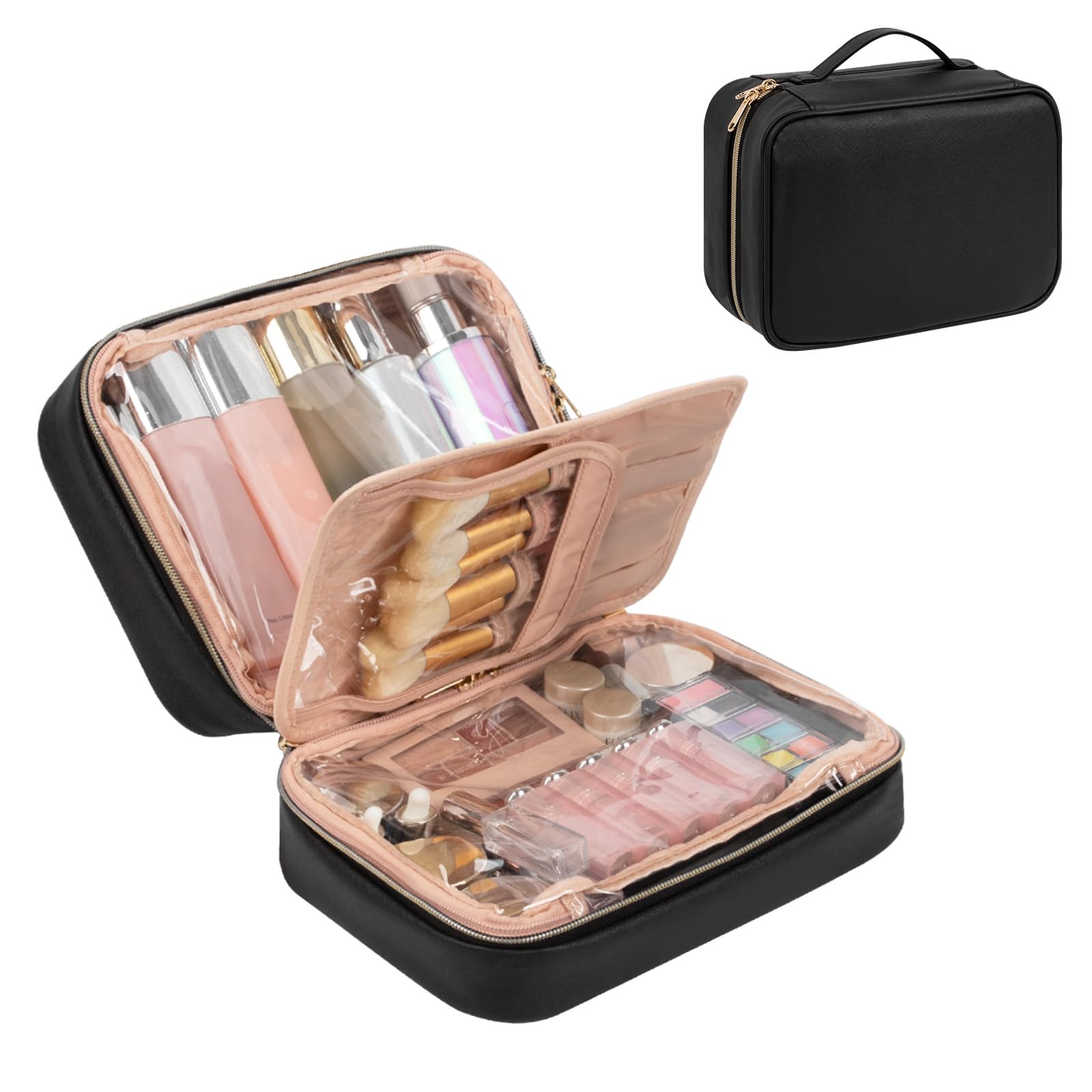 OCHEAL Waterproof Makeup Bag for Travel, Large Capacity Cosmetic Organizer with Brush Compartment - Black, Perfect for Women's Toiletry & Beauty Essentials