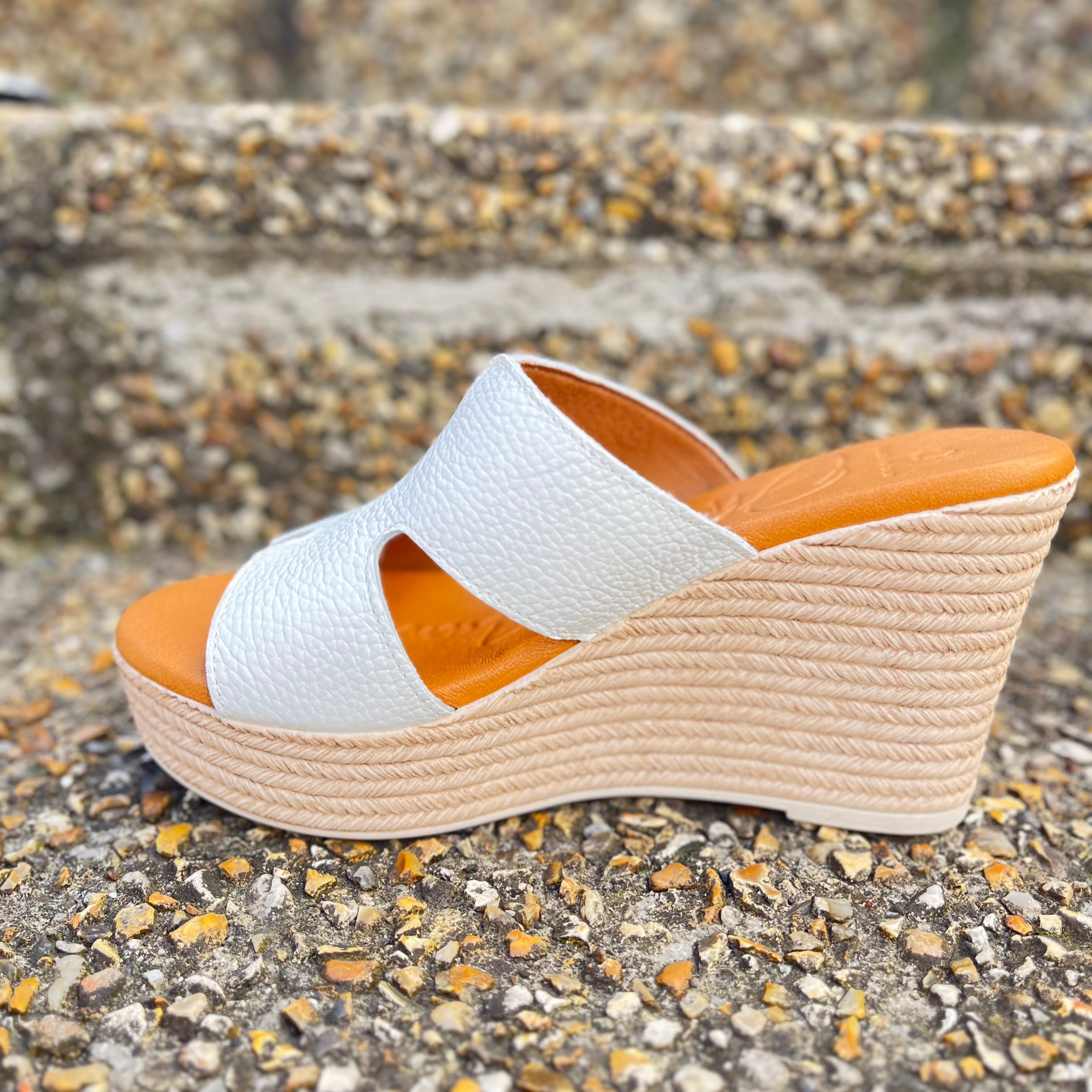 OH MY SANDALS Women's White Leather High Wedge Mule Slides - Comfortable Summer Sandals for Beach, Pool, and Casual Outings