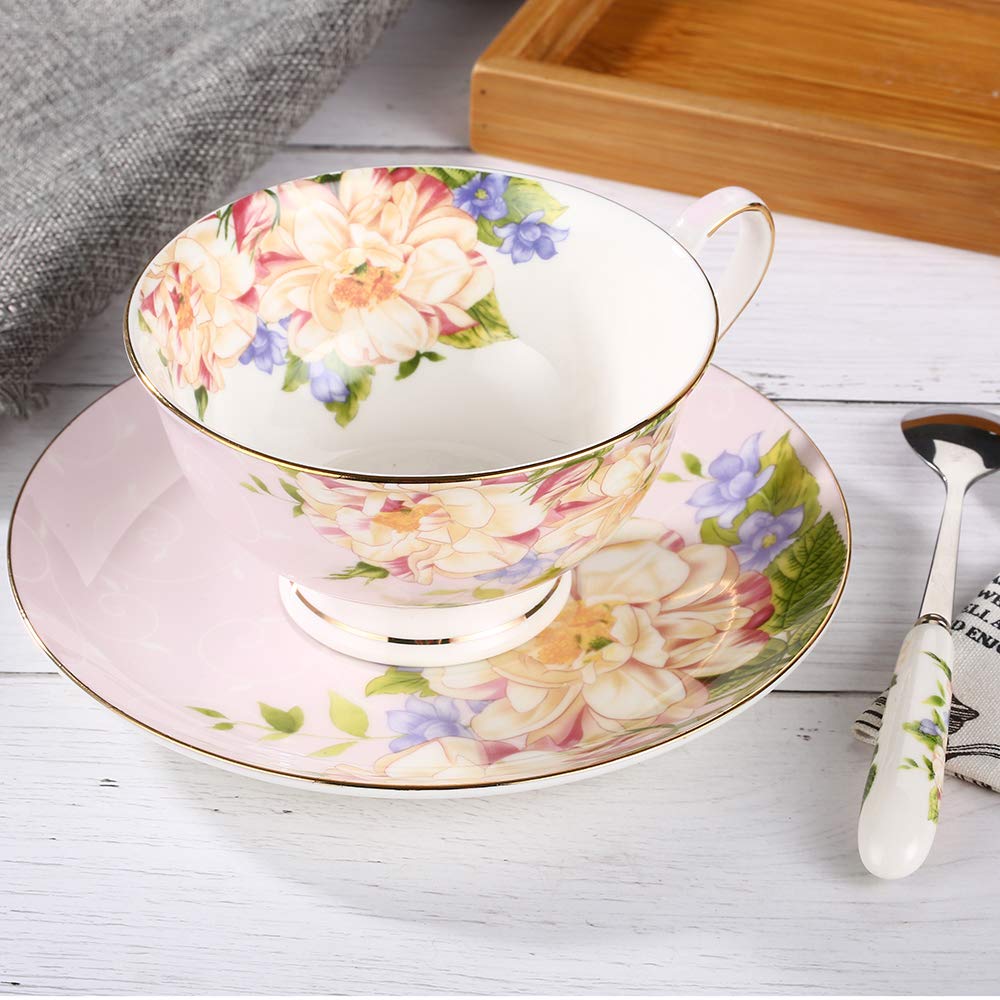 Elegant Pink Floral Bone China Tea Cup and Saucer Set - 7oz Porcelain Coffee & Tea Drinking Set for Afternoon Tea, Bridal Shower, and Home Decor