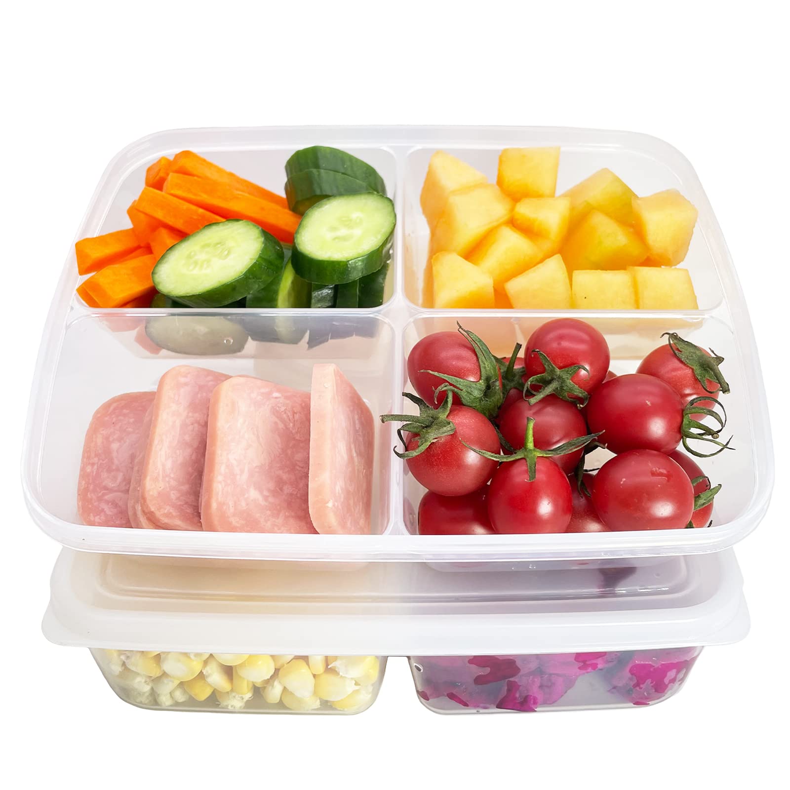 TeTeBak 4-Compartment Bento Box - Reusable Lunch Container for Adults & Kids | Perfect for School, Office, Travel & Meal Prep | Portion Control Food Storage with Clear Lid | Set of 2 Eco-Friendly Snack Boxes | Ideal for Healthy Eating, Picnics & On-the-Go Meals