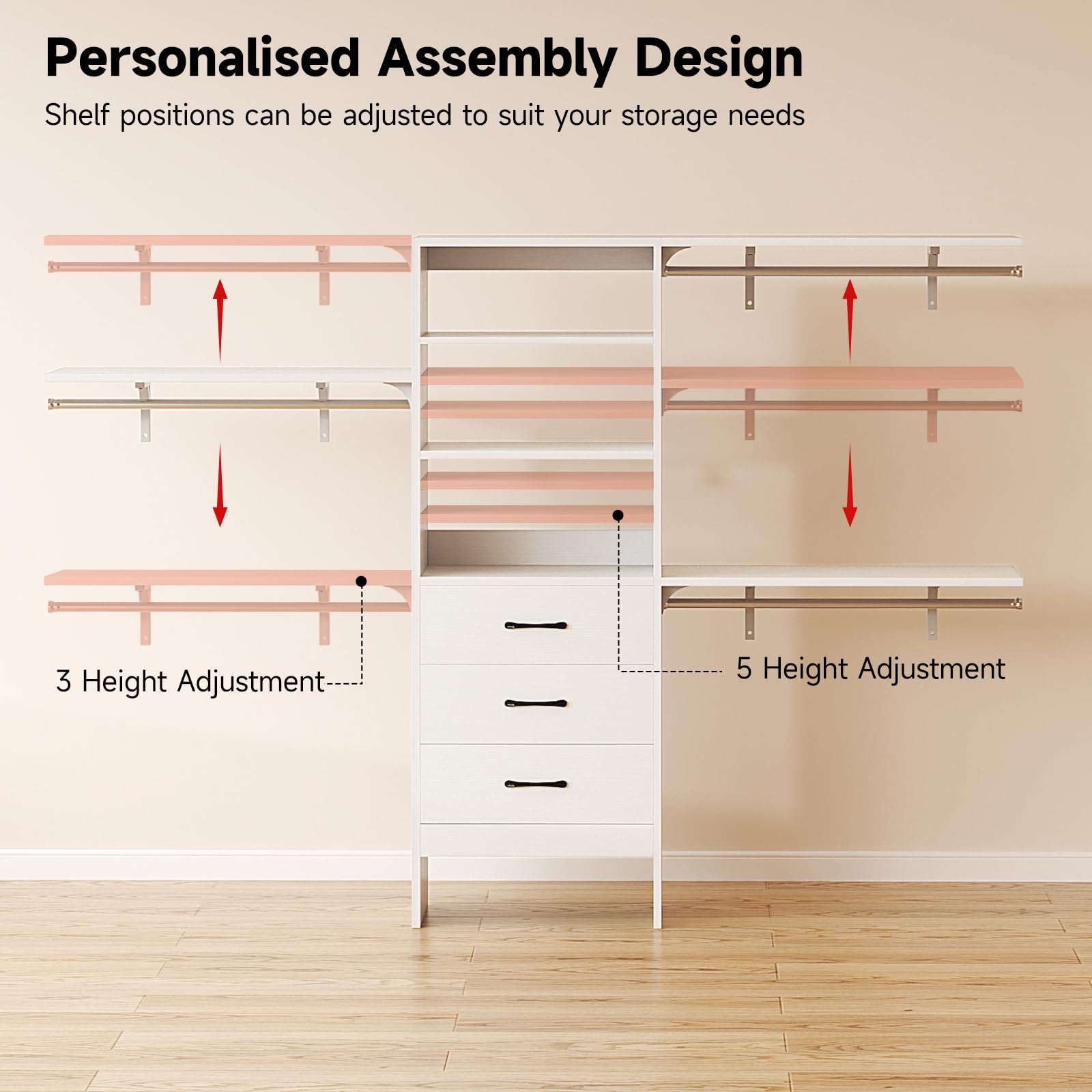 96 Inch Heavy Duty Walk-In Closet Organizer System - 8FT Closet Storage with 3 Adjustable Shelves, 3 Hanging Rods & 3 Drawers - Built-In Garment Rack (96