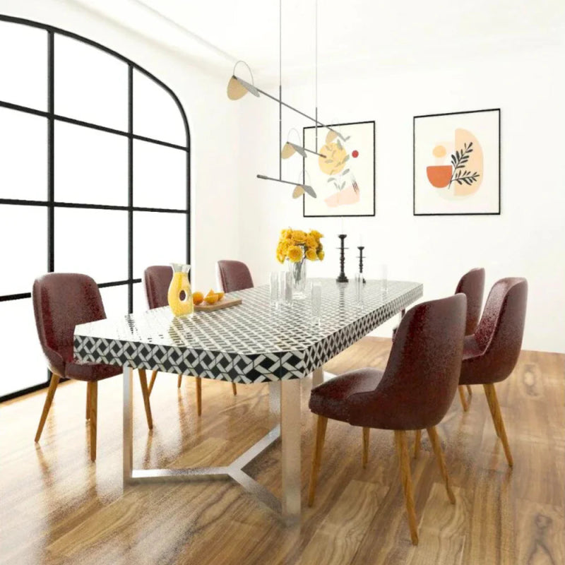 Handmade Modern Bone Inlay Dining Table - 6 Seater Black & White with Brass Legs | Elegant Dining Room Furniture for Home & Restaurant Decor