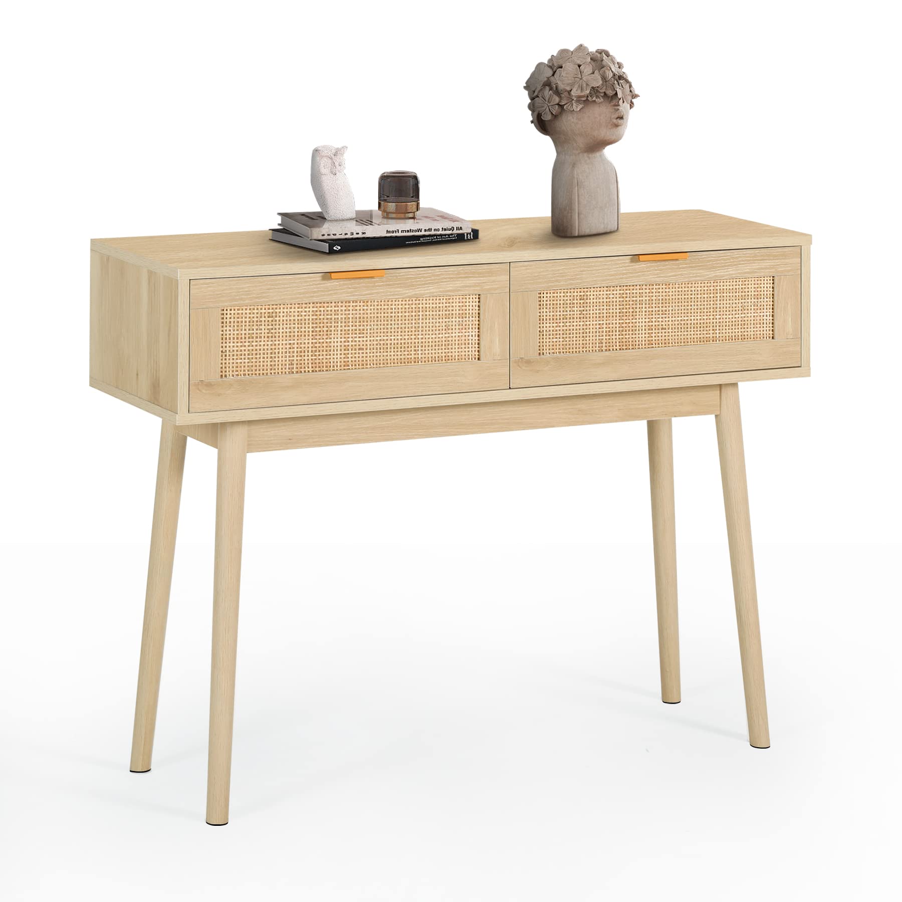 Rattan Console Table with 2 Drawers - Narrow Entryway Sofa Table with Storage, Natural Wood Accent Table for Hallway, Living Room & Bedroom - Perfect Behind Couch, Entry Decor or Small Space Furniture