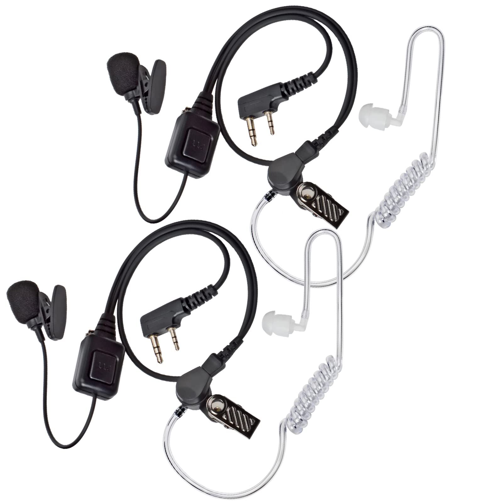 Universal 2 Pin Walkie Talkie Earpiece with Mic - Push to Talk (PTT) Acoustic Tube Headset for Baofeng UV-5R, Retevis, Kenwood, Puxing & Wouxun 2 Way Radios (Pack of 2) - Ideal for Security, Construction & Outdoor Adventures