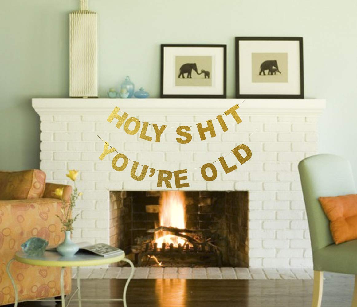 Funny Retirement Birthday Banner - Holy Sht You're Old Gold Glitter Party Decor for Milestone Celebrations & Humorous Gift Ideas