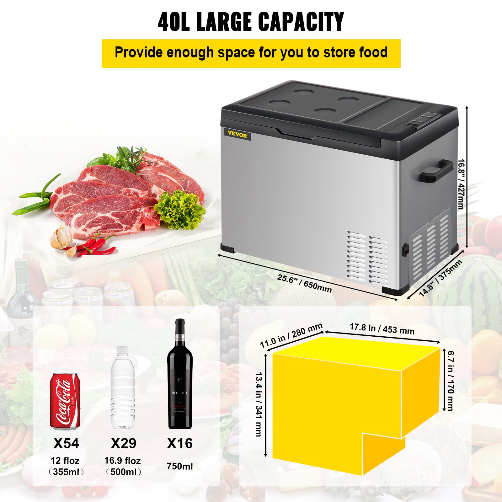 VEVOR 12V/24V DC Portable Car Refrigerator with APP Control, -4℉ to 68℉ Temperature Range, 42 Quart Compact Fridge for Camping, Road Trips, Boating & Home Use - Perfect for Food Storage, Skincare & Outdoor Adventures