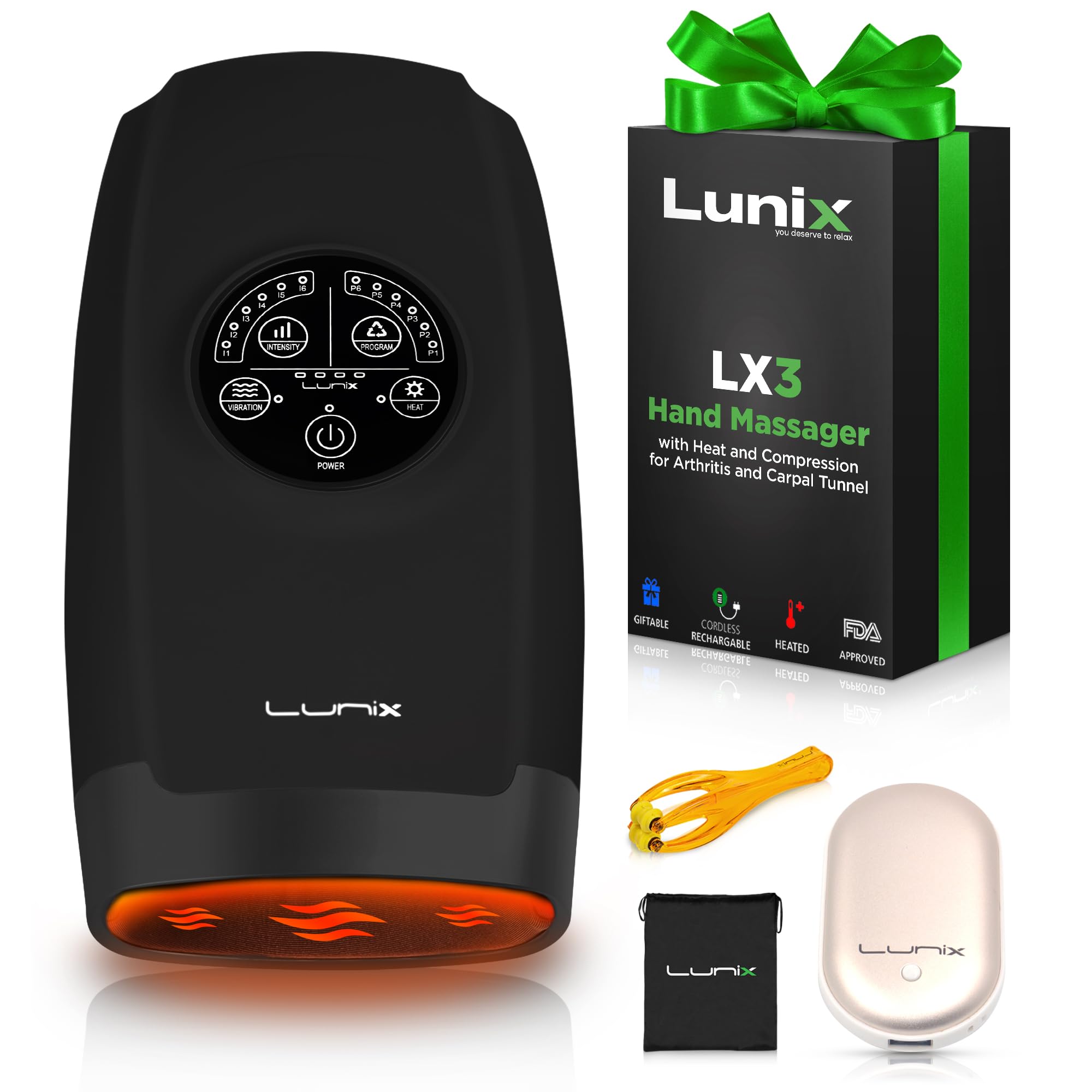 Lunix LX3 Cordless Electric Hand Massager with Compression - 6 Levels Pressure Point Therapy for Arthritis Pain Relief, Carpal Tunnel & Finger Numbness - Shiatsu Massage Machine with Heat for Home, Office & Travel Use