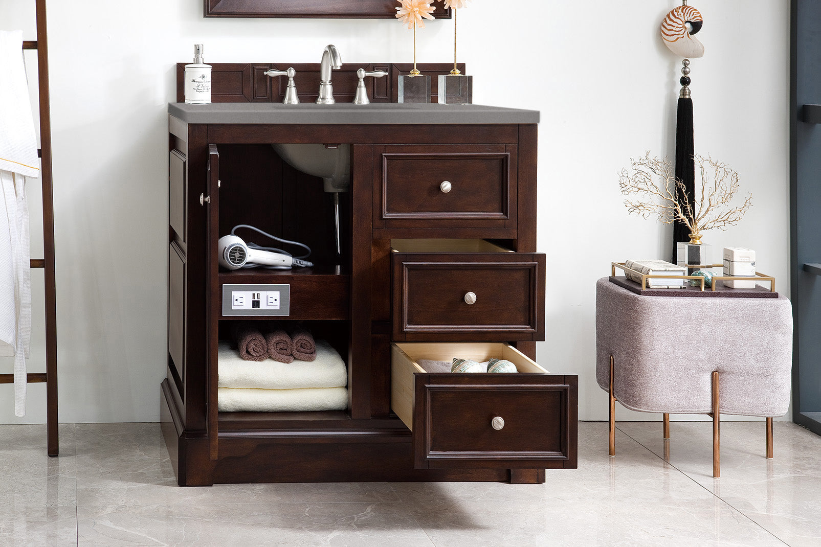 De Soto 36 Inch Single Bathroom Vanity with Burnished Mahogany Base & 3CM Grey Expo Quartz Top - Modern Space-Saving Design for Small Bathrooms, Powder Rooms & Guest Suites