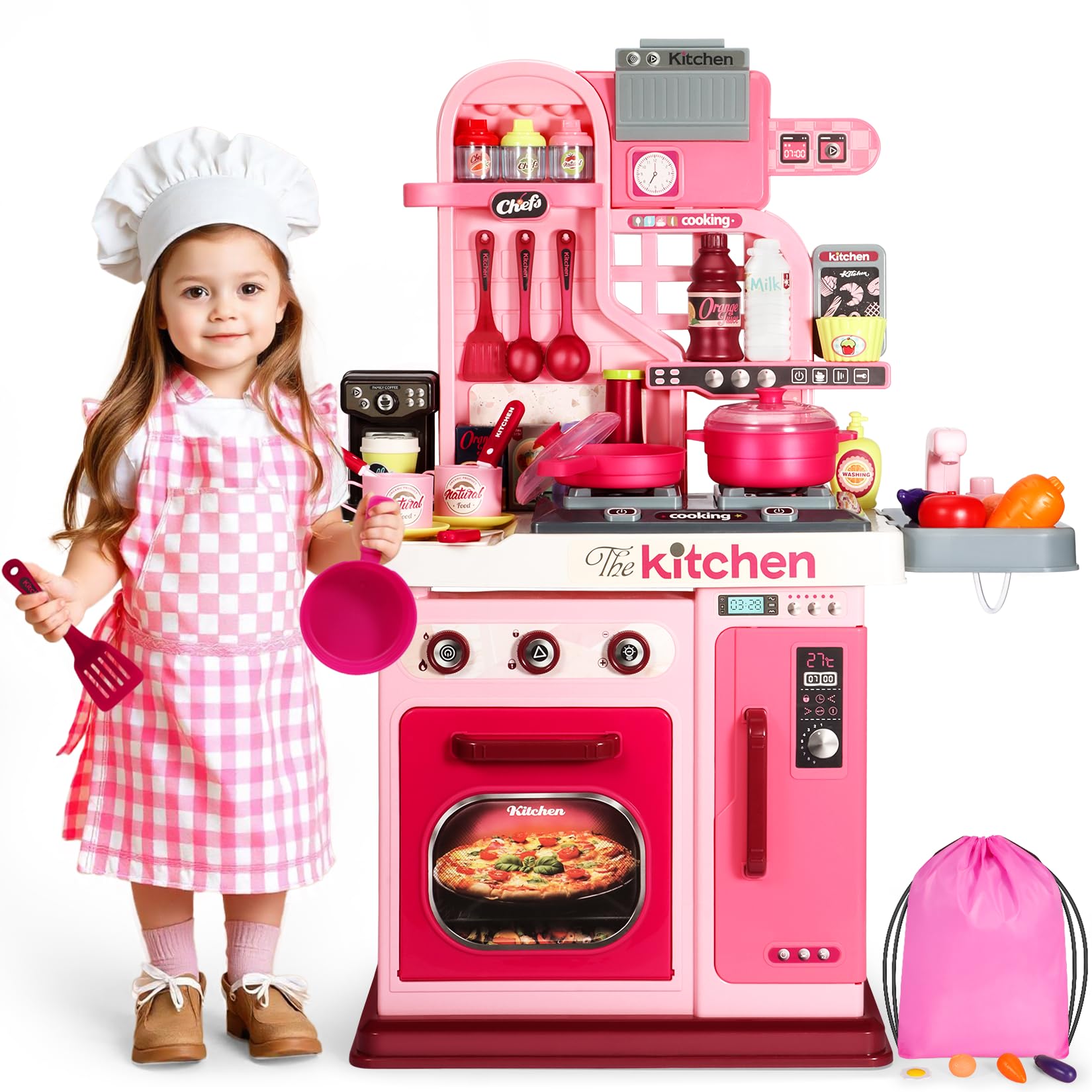 Pink Kids Play Kitchen Set with Sound & Light - 27.1