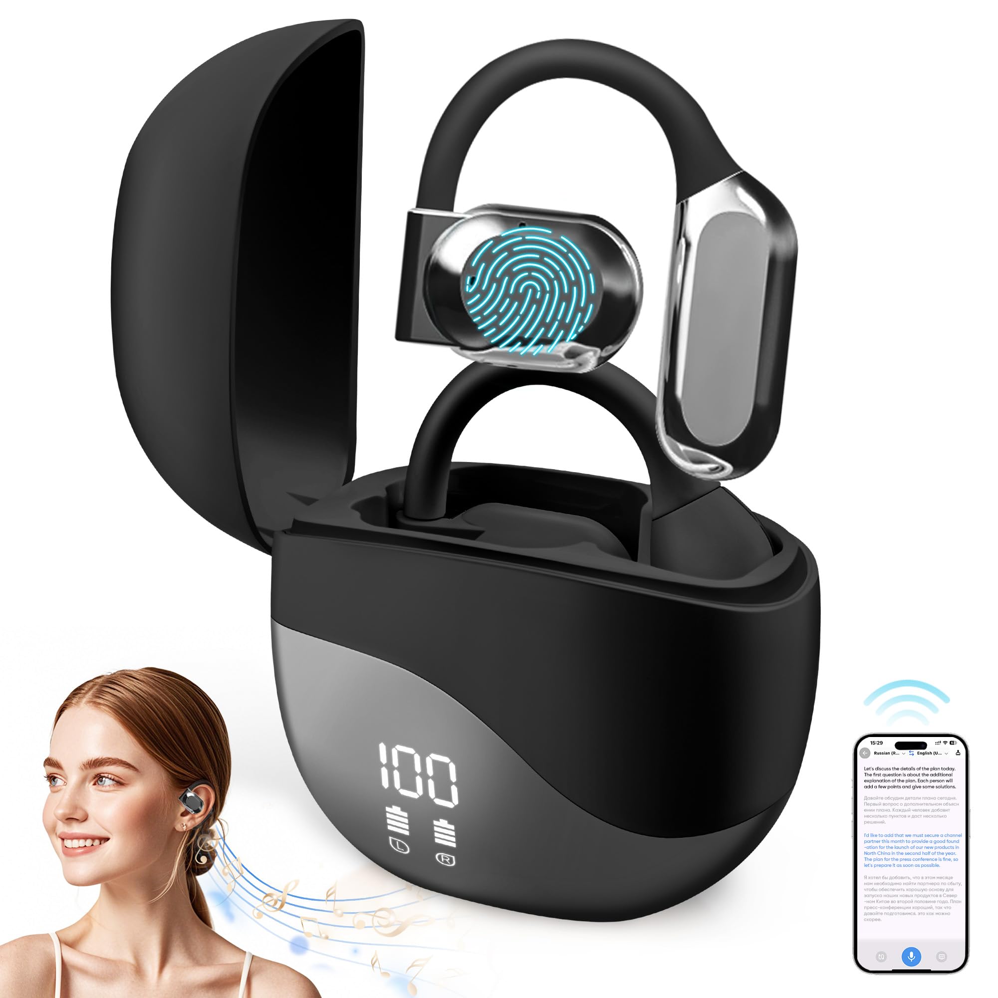 AI Language Translation Earbuds - 144 Languages Real-Time Two-Way OWS Wireless Earbuds with HD Sound, 3-in-1 Design for iOS & Android (Black) | Perfect for Travel, Business Meetings & Language Learning