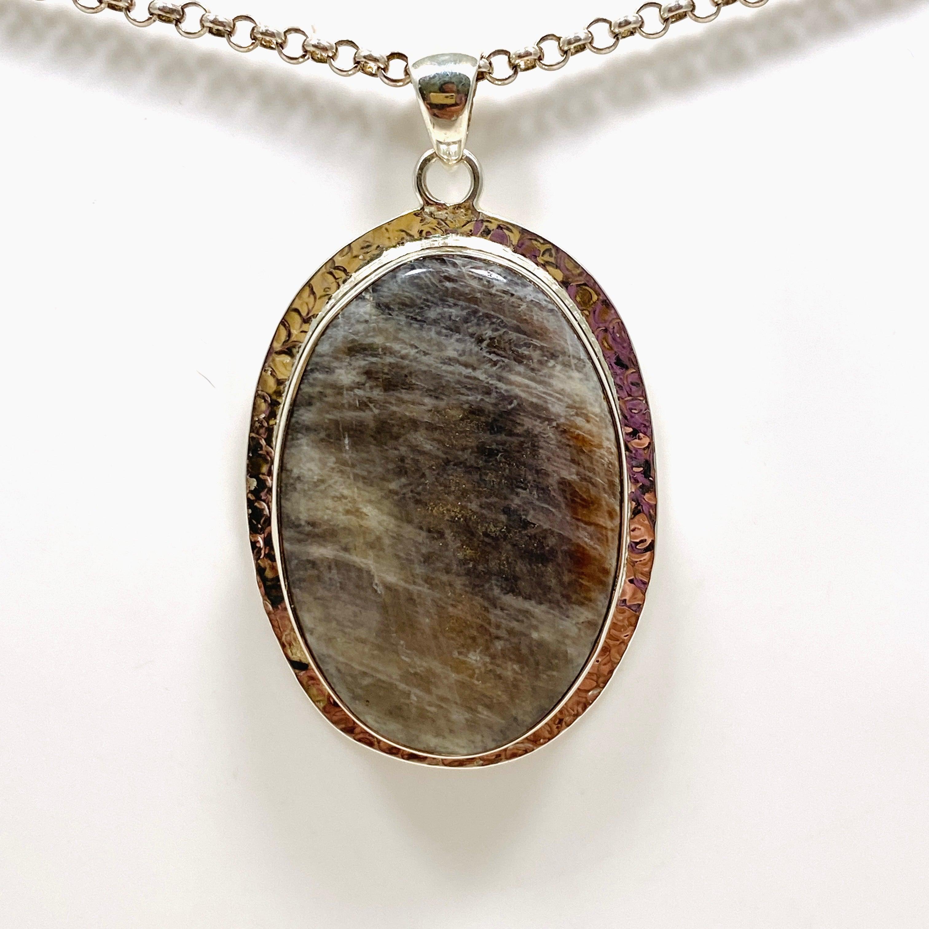 Belomorite (Sunstone with Moonstone Eclipse Stone) Oval Pendant Necklace - Hammered Sterling Silver Setting KPGJ4223 - Perfect for Spiritual Healing, Meditation & Boho Jewelry Collection