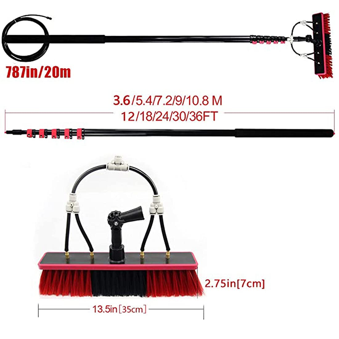**Window Cleaning Pole Kit with 35cm Brush Head & Extendable to 6m (20FT) - Water/Hose Fed for Indoor & Outdoor High Windows, Solar Panels & Photovoltaic Cleaning - Perfect for Hard-to-Reach Windows & Rooftop Maintenance**