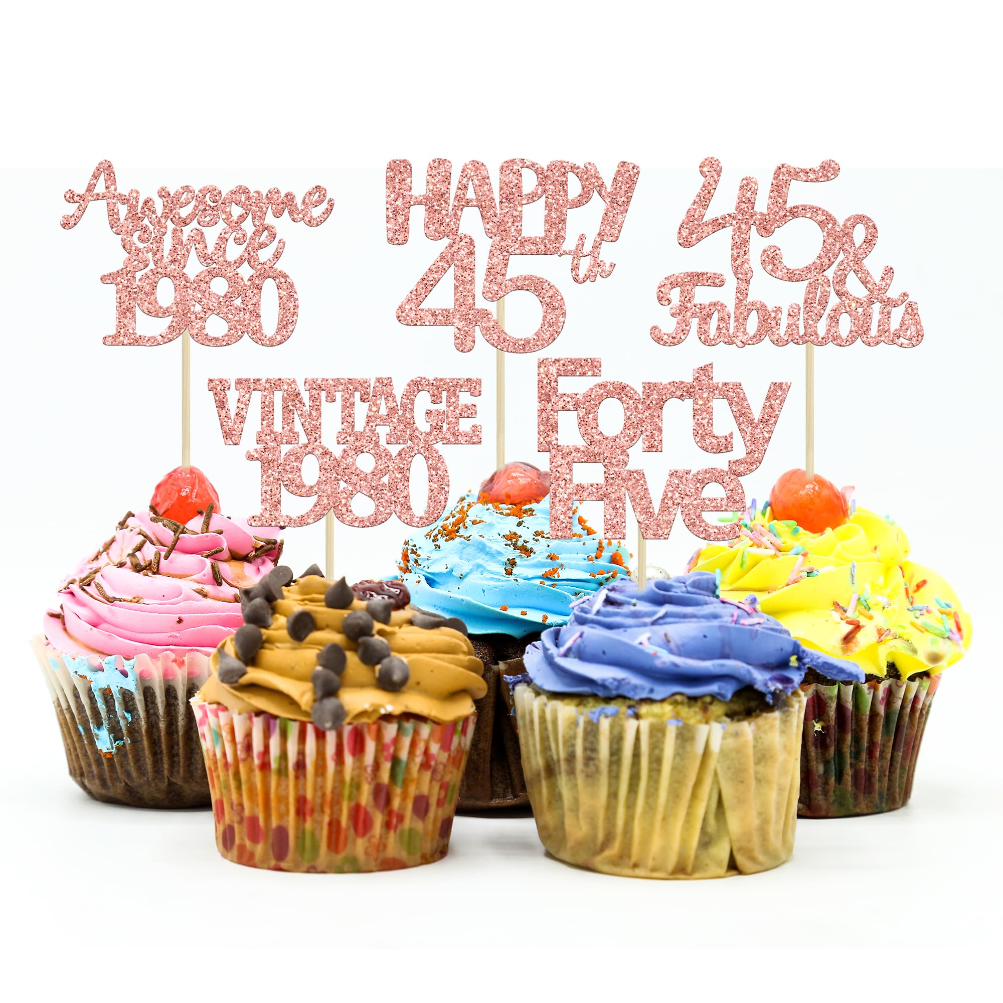 30Pcs Rose Gold Vintage 1980 Cupcake Toppers - Glitter 45th Birthday Cake Decorations for Anniversary Party Supplies | Cheers to 45 Years Celebration, DIY Baking Decor, Wedding & Retirement Party Accessories