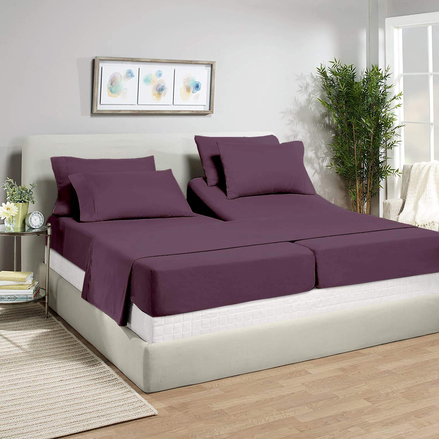 Split Queen Bed Sheet Set (5-Pieces) - 800 Thread Count 100% Egyptian Cotton - Adjustable Deep Pocket Fitted Sheet (12